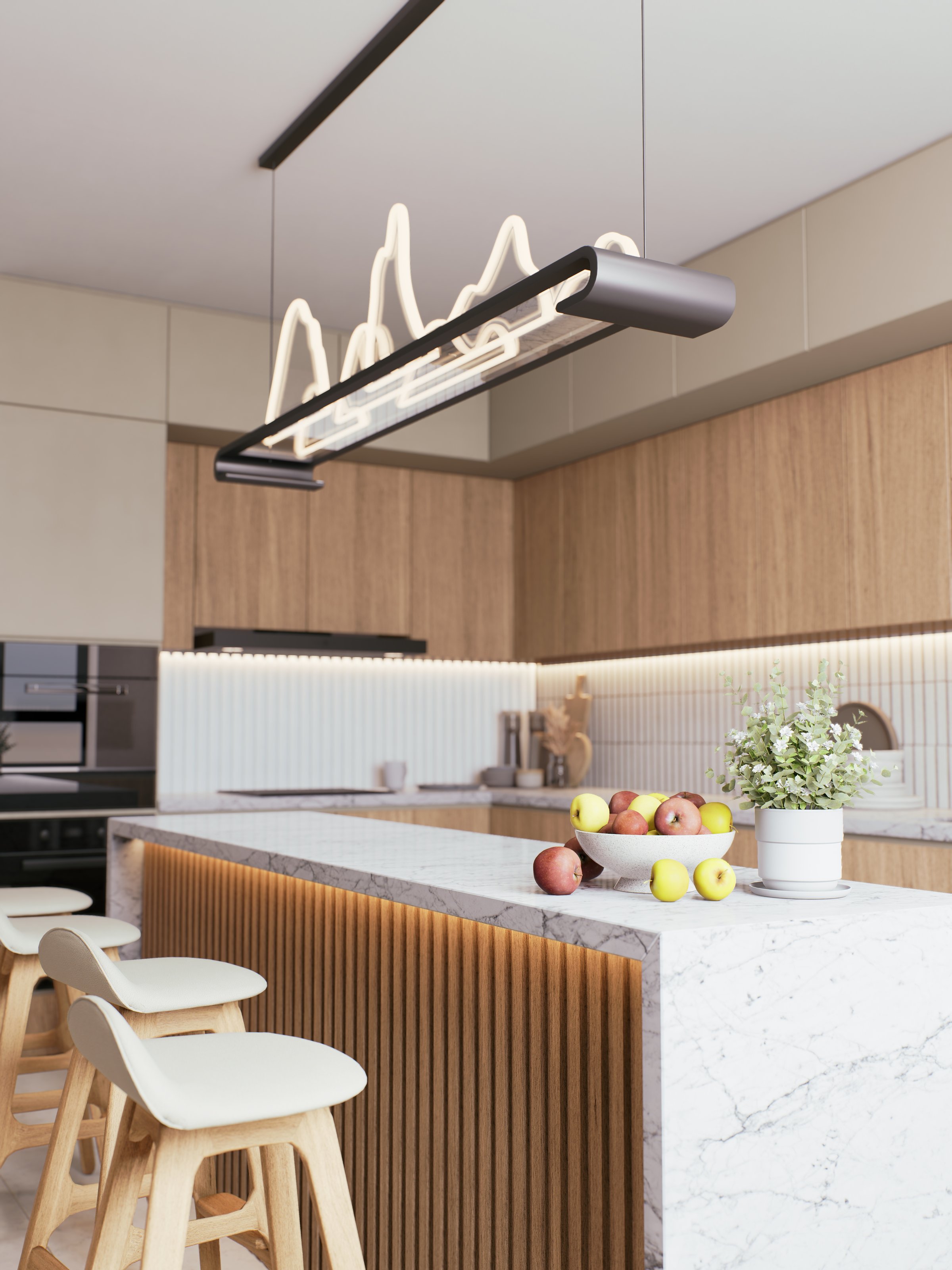 A modern kitchen featuring wooden cabinetry, a sleek marble countertop, minimalist bar stools, and a stylish pendant light. 3d rendering interior.