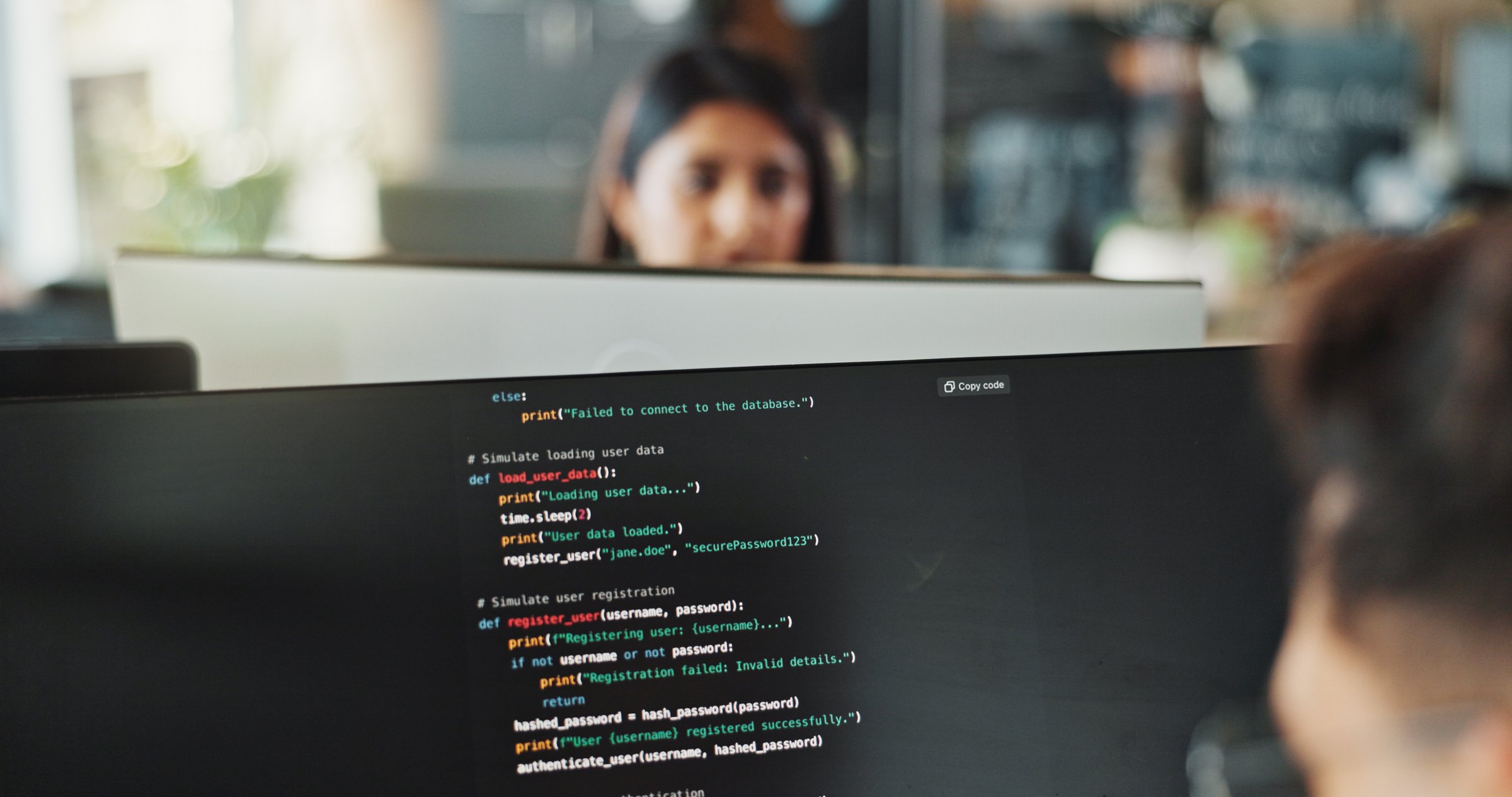 People, programmer and computer screen with code for web design, prompt or login credentials. Technology, display or software developer with programming language for AI command or instructions