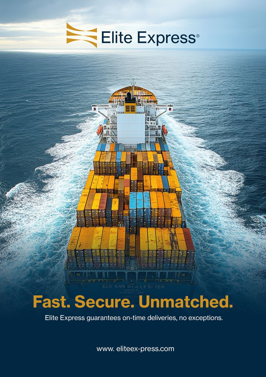 Cargo ship loaded with containers at sea, promoting Elite Express with slogan "Fast. Secure. Unmatched." and website link.