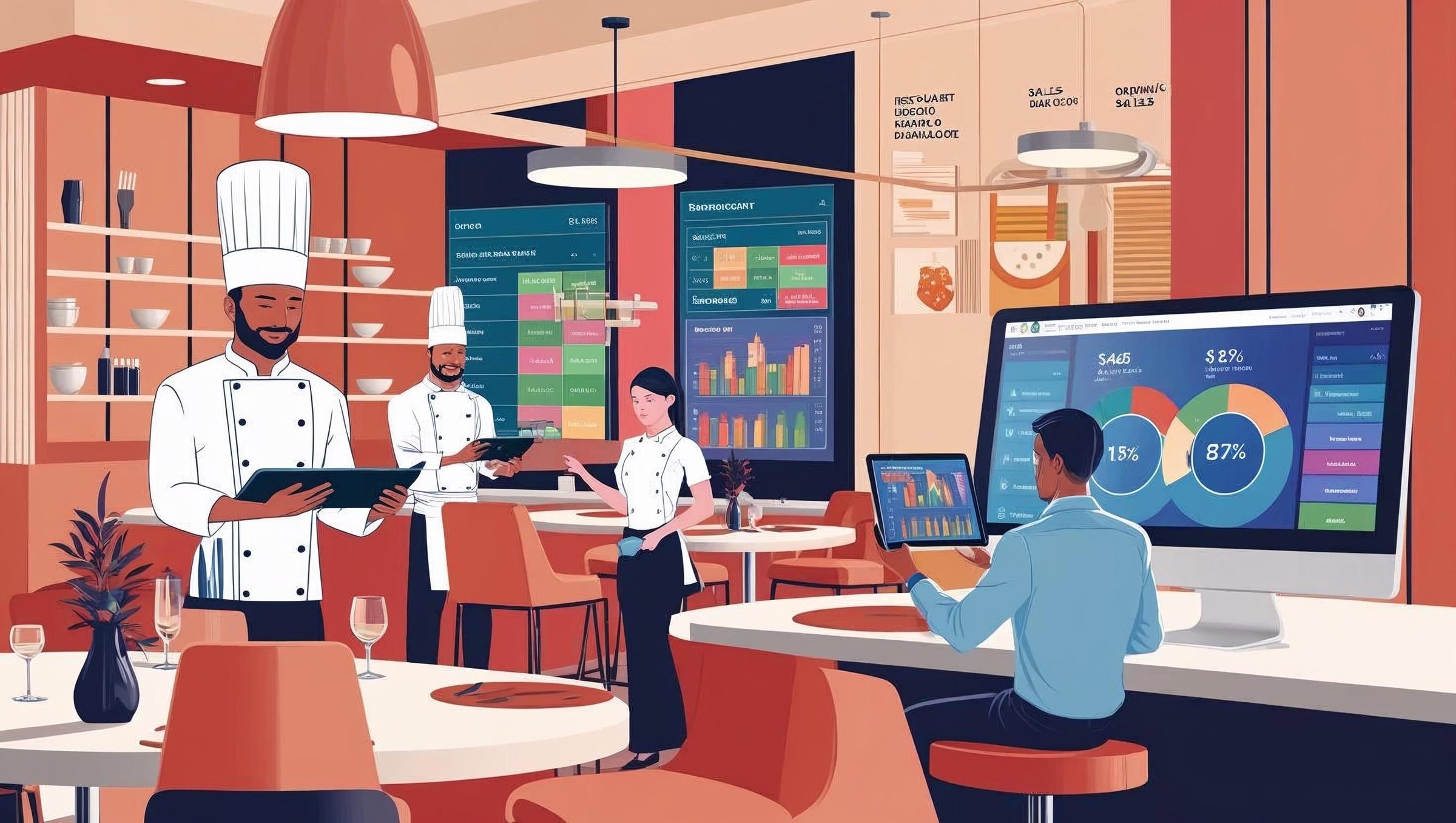 Restaurant staff using digital devices and dashboards for management and operations in a modern dining setting.