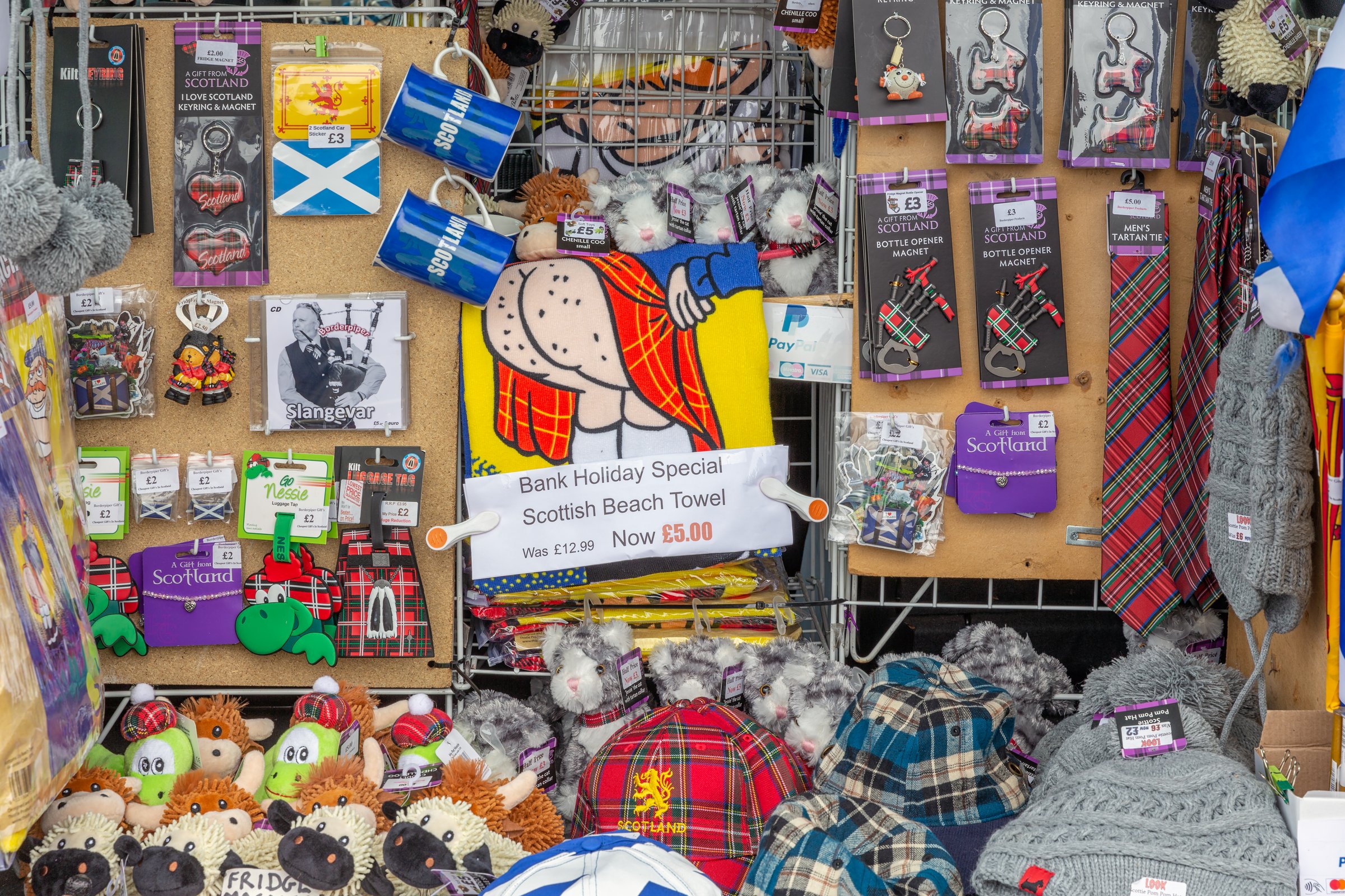 Carter Bar, England - May 18 2018: Gift shop at border between England and Scotland with several Scottish souvenirs