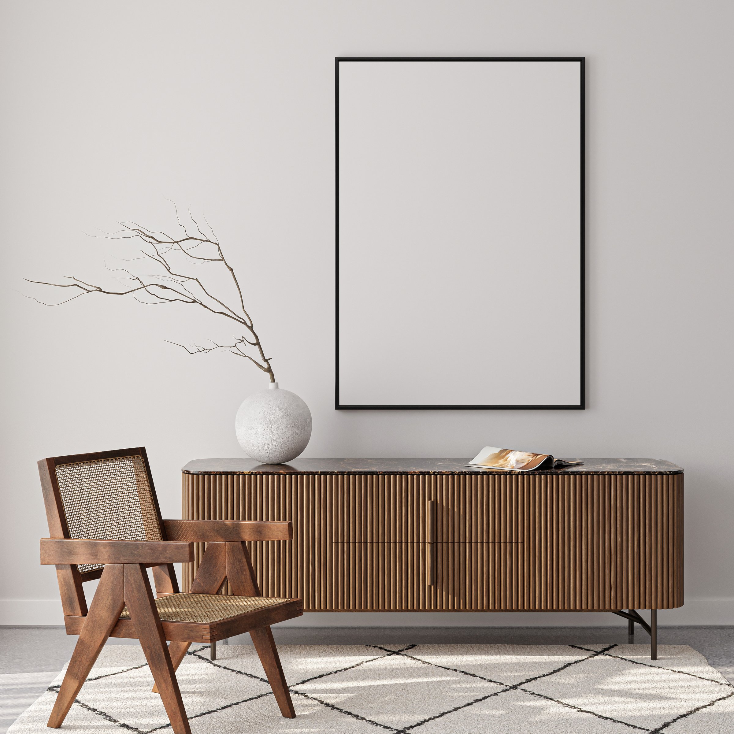 Frame mockup, ISO A paper size. Living room wall poster mockup. Interior mockup with house background. Modern interior design. 3D render