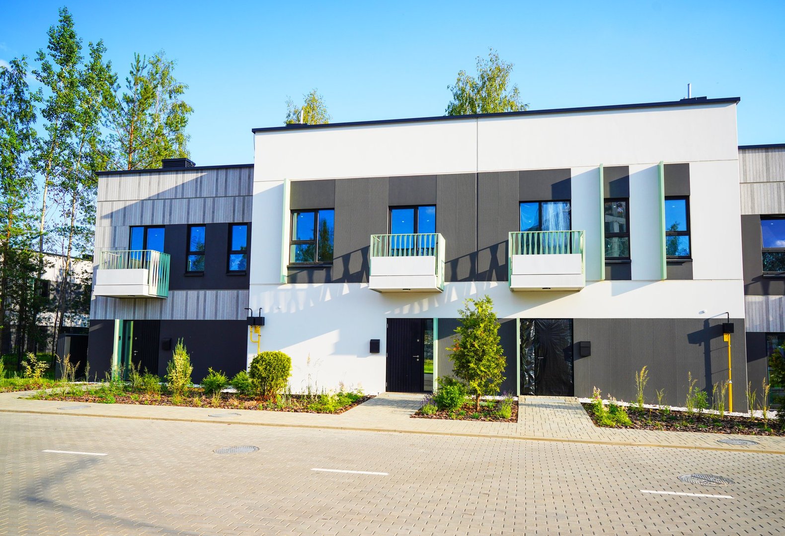 Town House Exterior. Apartment Block, Modern Home Residential Building in Scenic District in Forest. Housing Concept in Norway. Modern Urban House. Townhouse Modern Design. Norwegian Apartment Block.