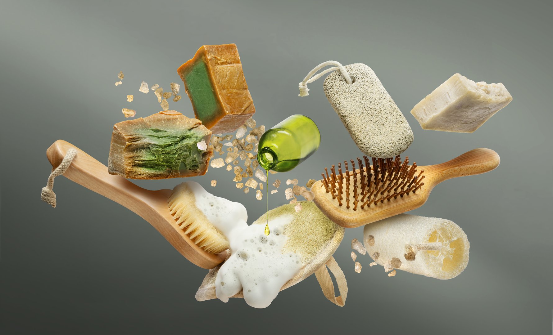 A dynamic arrangement of eco-friendly bath and body care products showcasing nature-inspired ingredients.