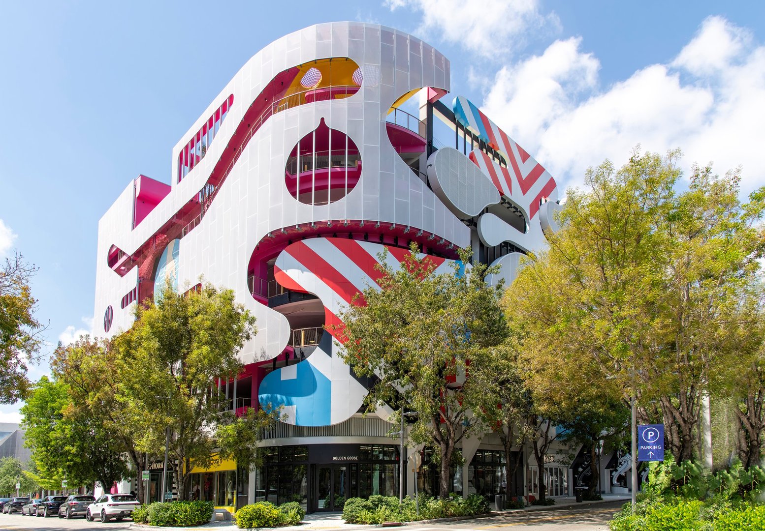 Miami, FL, USA-April 20, 2024; Variety of façades of the high design Museum Garage in the Miami Design District
