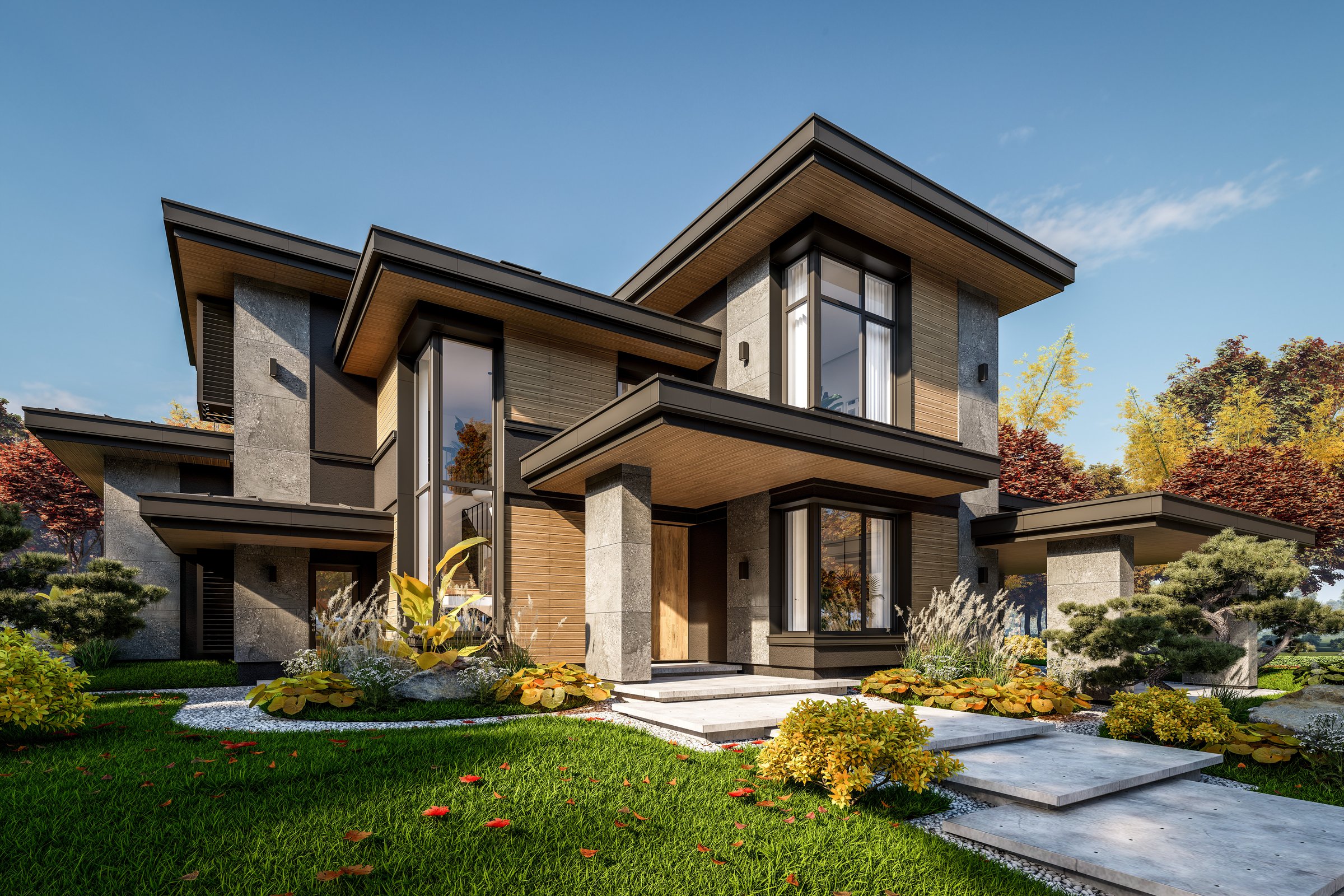 3d rendering of modern two story house with gray and wood accents, large windows, parking space in the right side of the building, surrounded by trees and bushes, daylight in autumn day