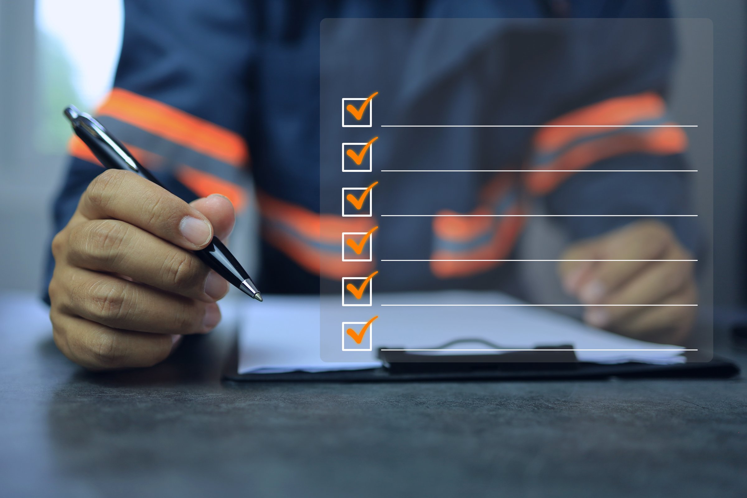 An industrial or shipping inspector auditor supervisor in a reflective jacket is writing a pen on a clipboard to check the inventory of tasks that need to be done and has a checklist icon. To do list template