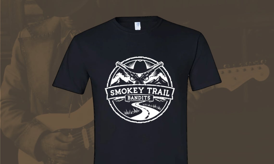 Black t-shirt featuring Smokey Trail Bandits logo with crossed rifles and mountain scenery.