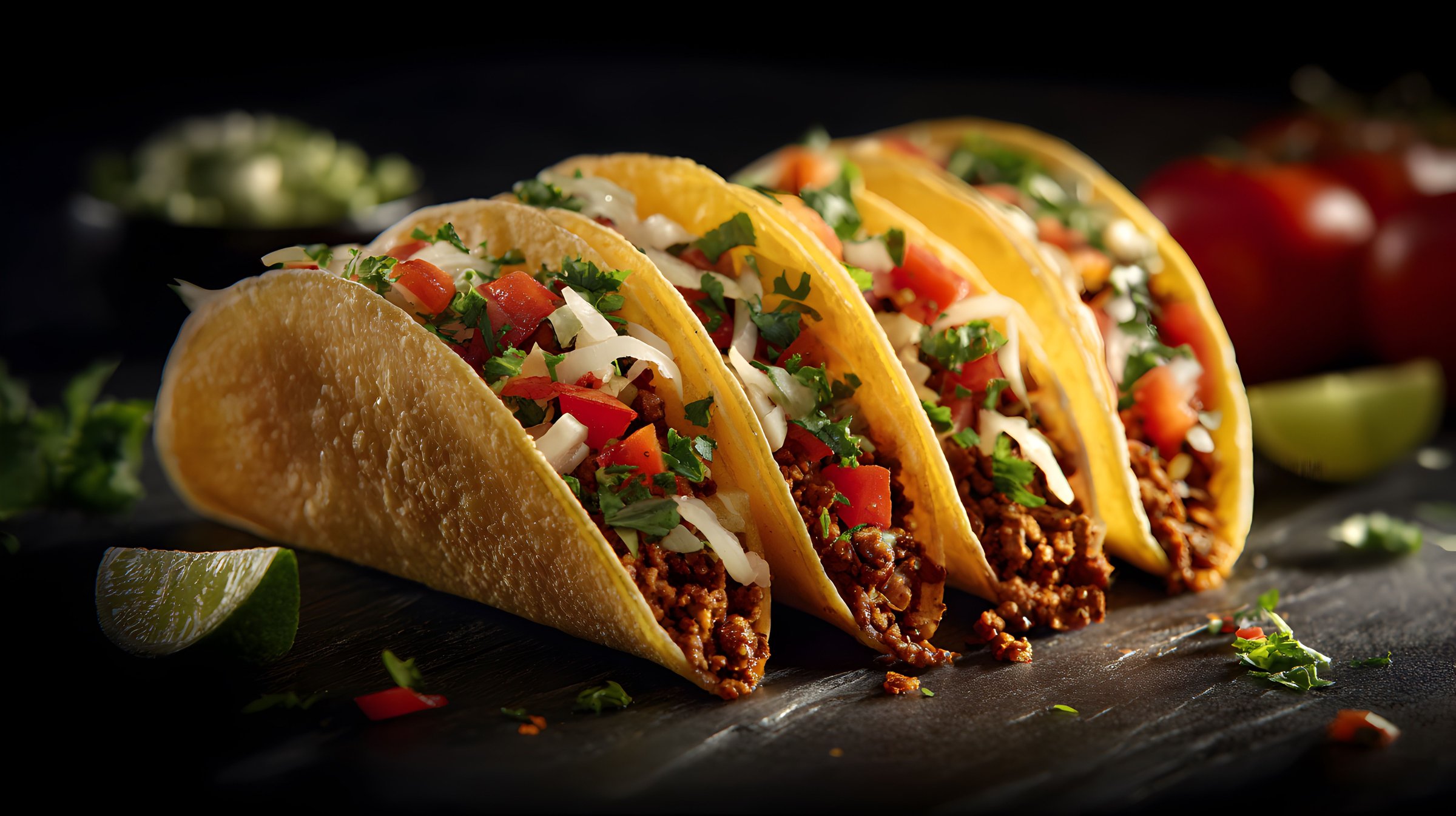 A close-up of delicious tacos filled with meat, tomatoes, onions, and cilantro on a dark slate background.