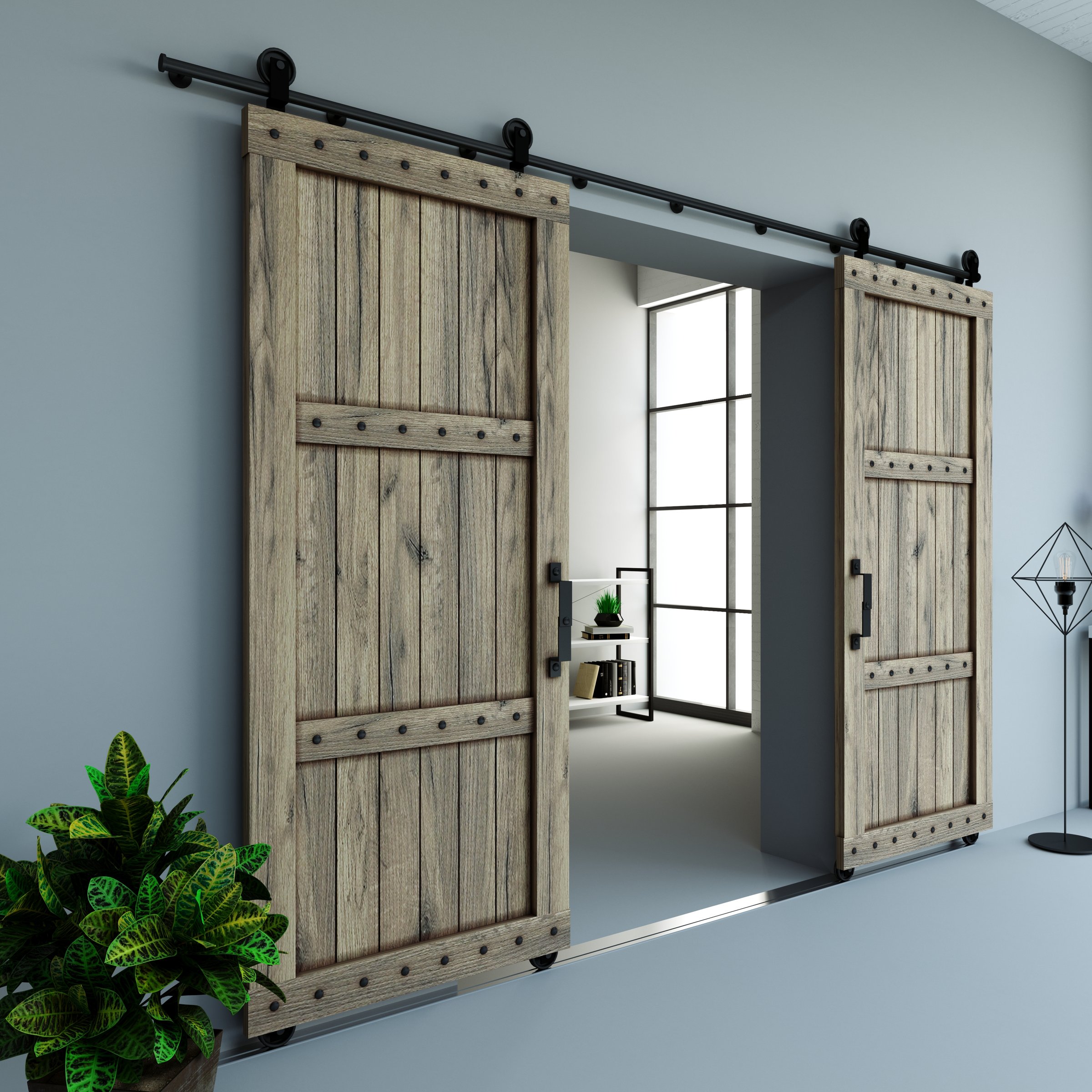 3d illustration. Modern interior in loft style barn sliding wooden door in loft room. Studio