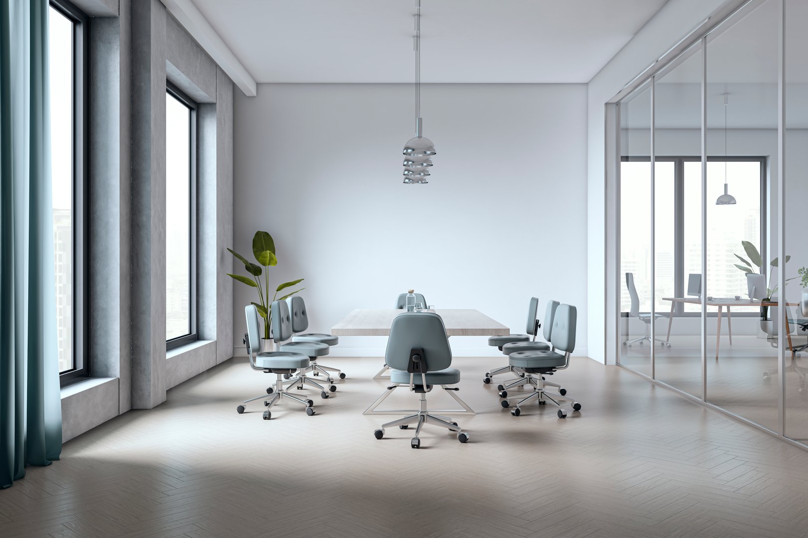 Empty modern conference room with sleek chairs and table, minimalist design, glass partition, large windows, and city view. 3D Rendering