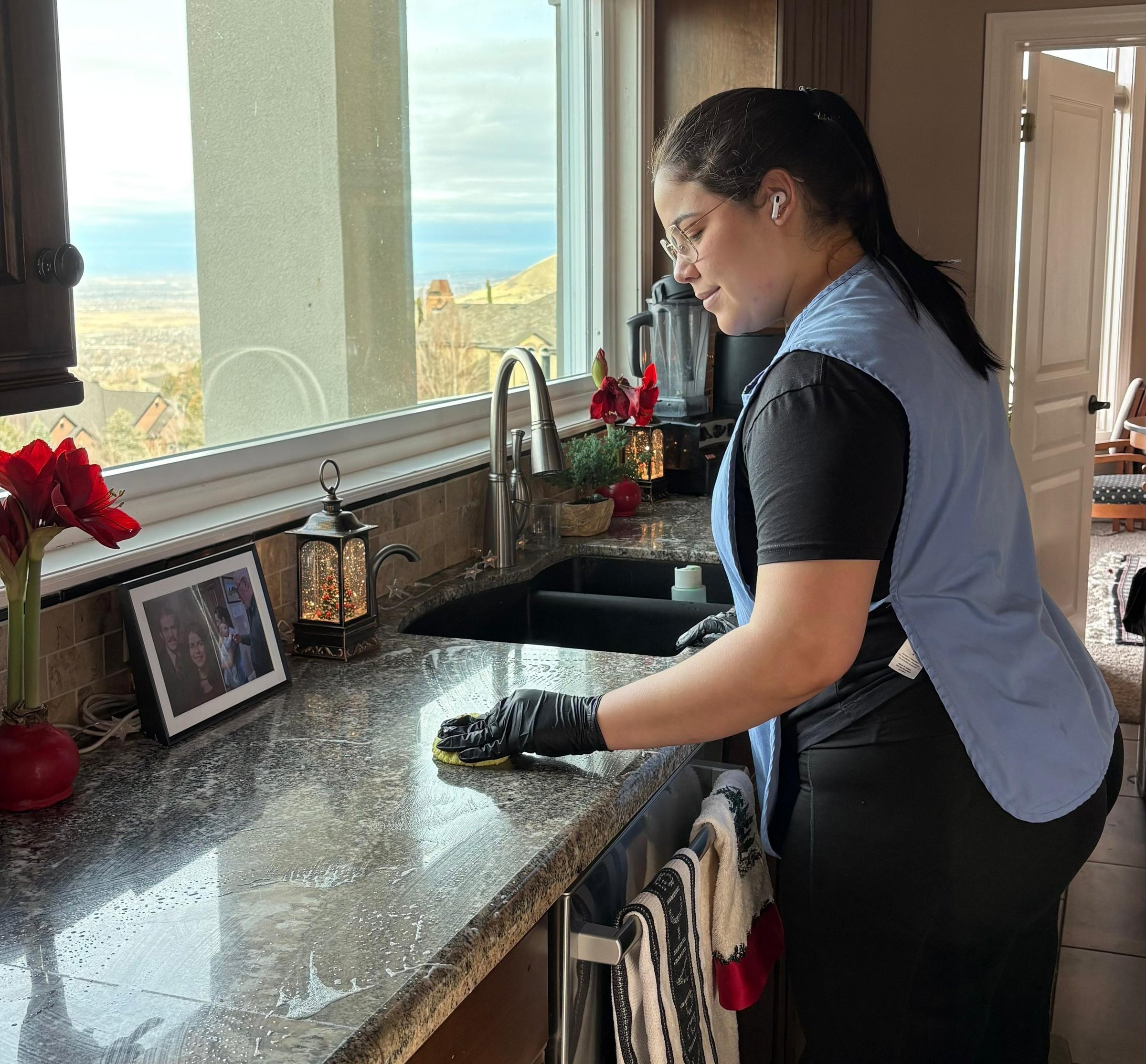 Young housemaid cleaning the kitchen counter.