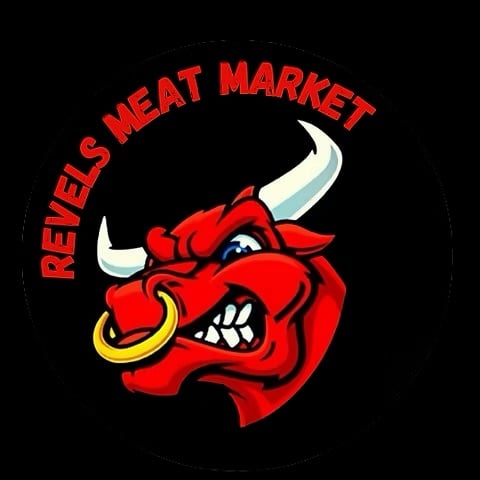 Logo of Revels Meat Market featuring a fierce red bull with a nose ring on a black background.