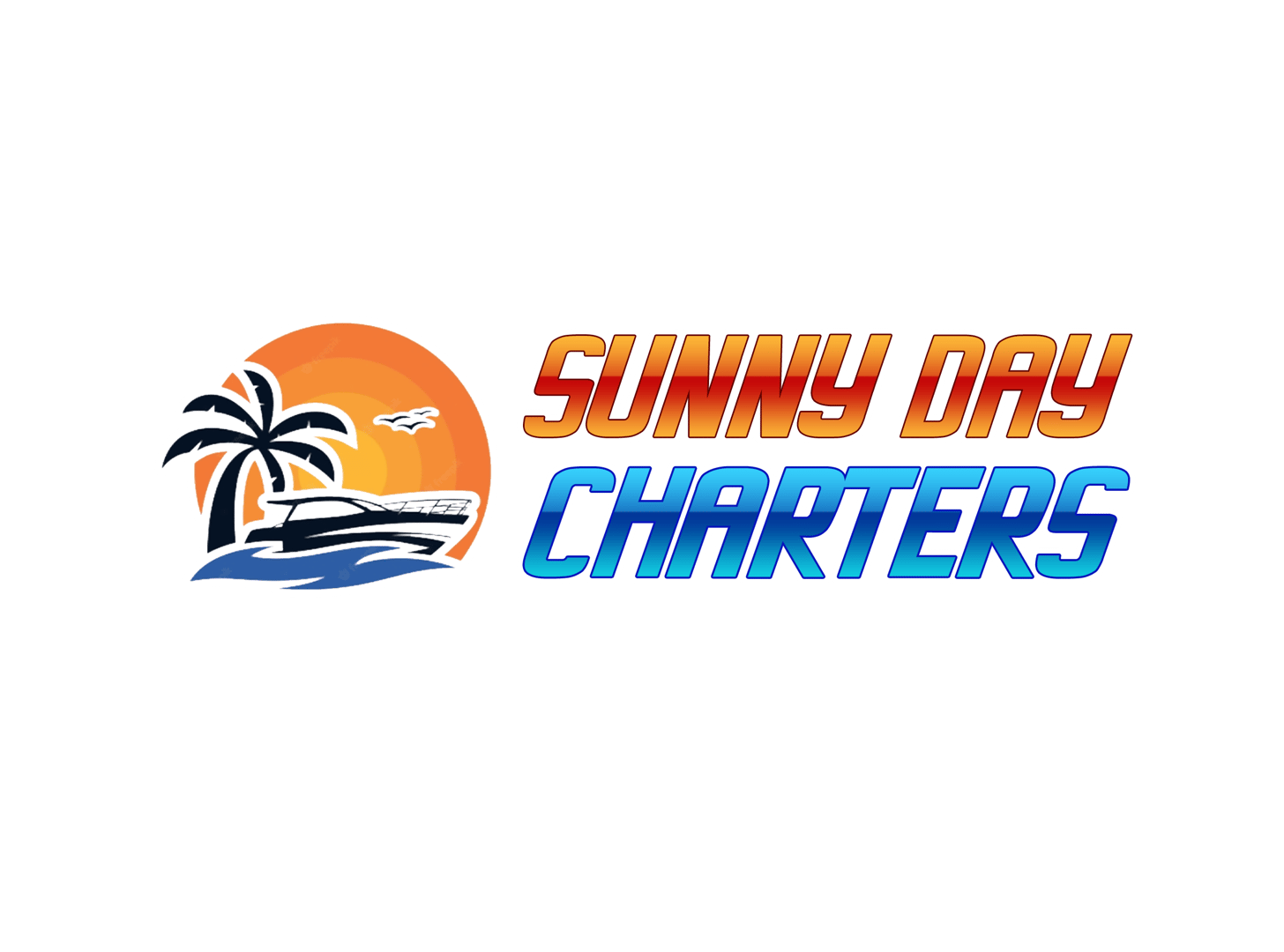 Logo of Sunny Day Charters with a sunset, palm trees, a boat, and a seagull.