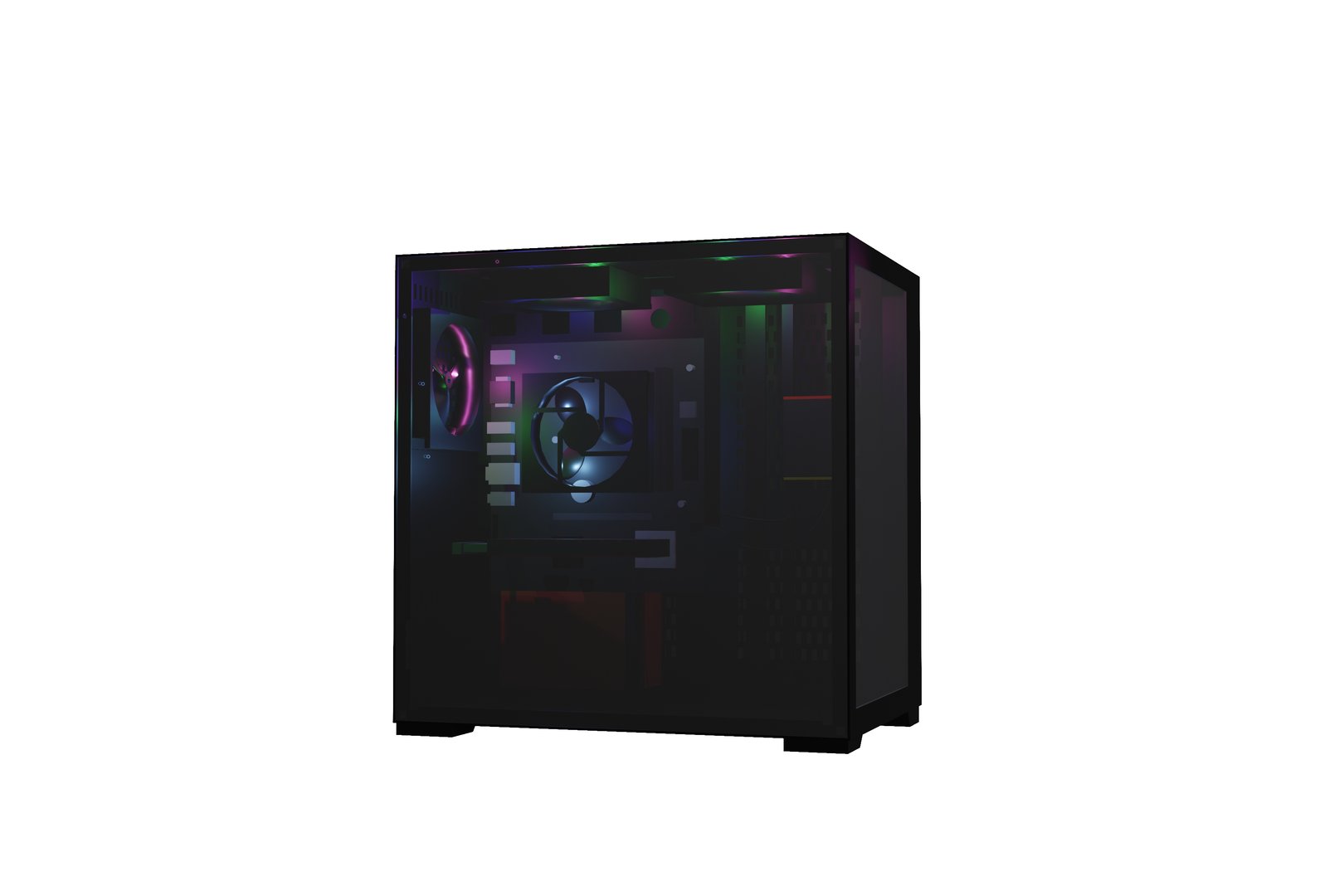 3D rendering of a black PC case with colorful lights isolated on white background.