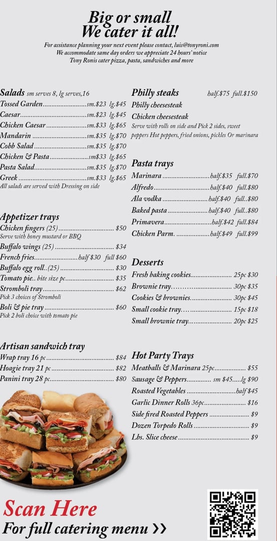 Tony Roni's Catering Menu
