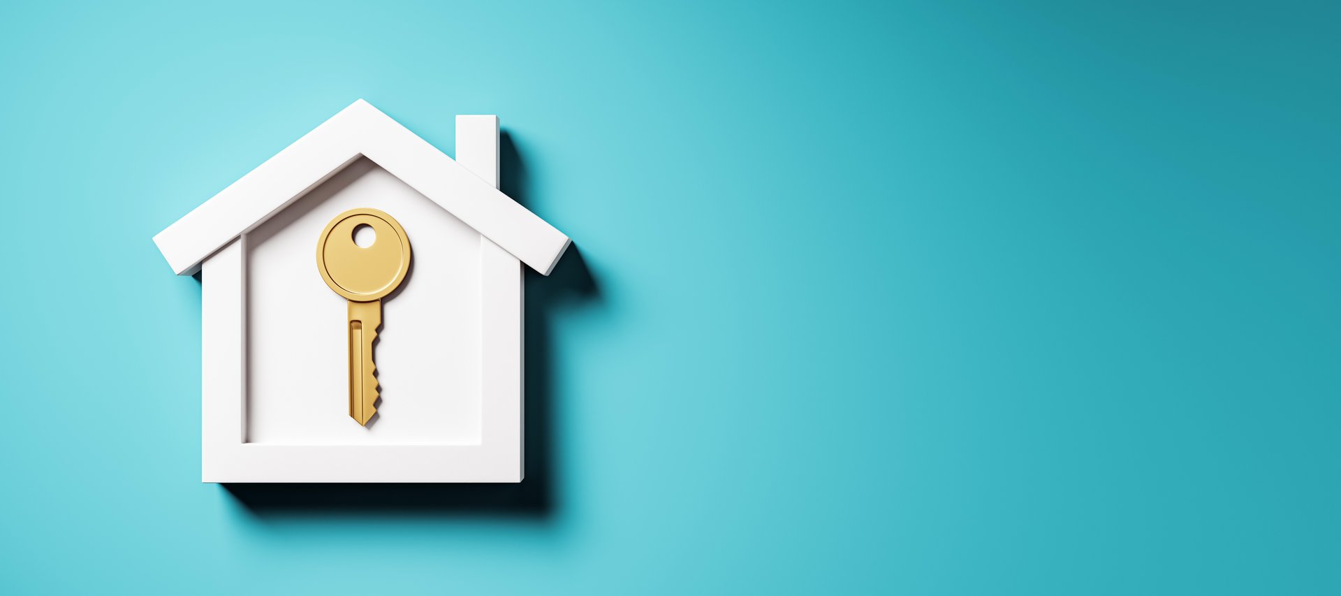 White house icon with golden key on blue background, clean modern design representing home loan, sale, rent or real estate investment. 3D Rendering