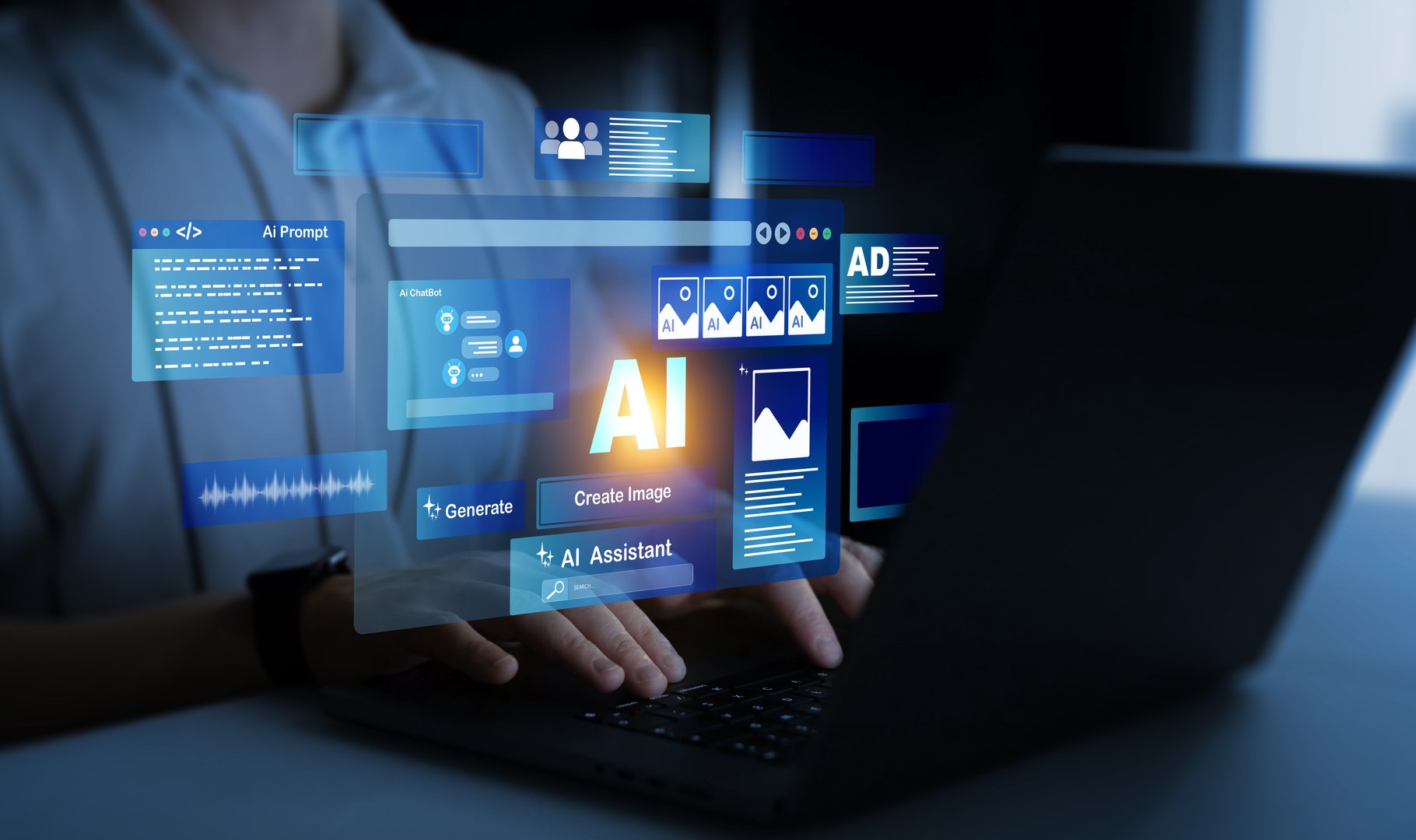 Interaction with the Ai assistant to solve some tasks more easily. Image generator, documents, marketing and advertising, bot writing and coding.Person using laptop with Ai Content Generator