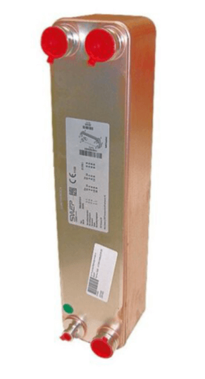Metal heat exchanger with four red-capped pipe fittings and a label displaying specifications.
