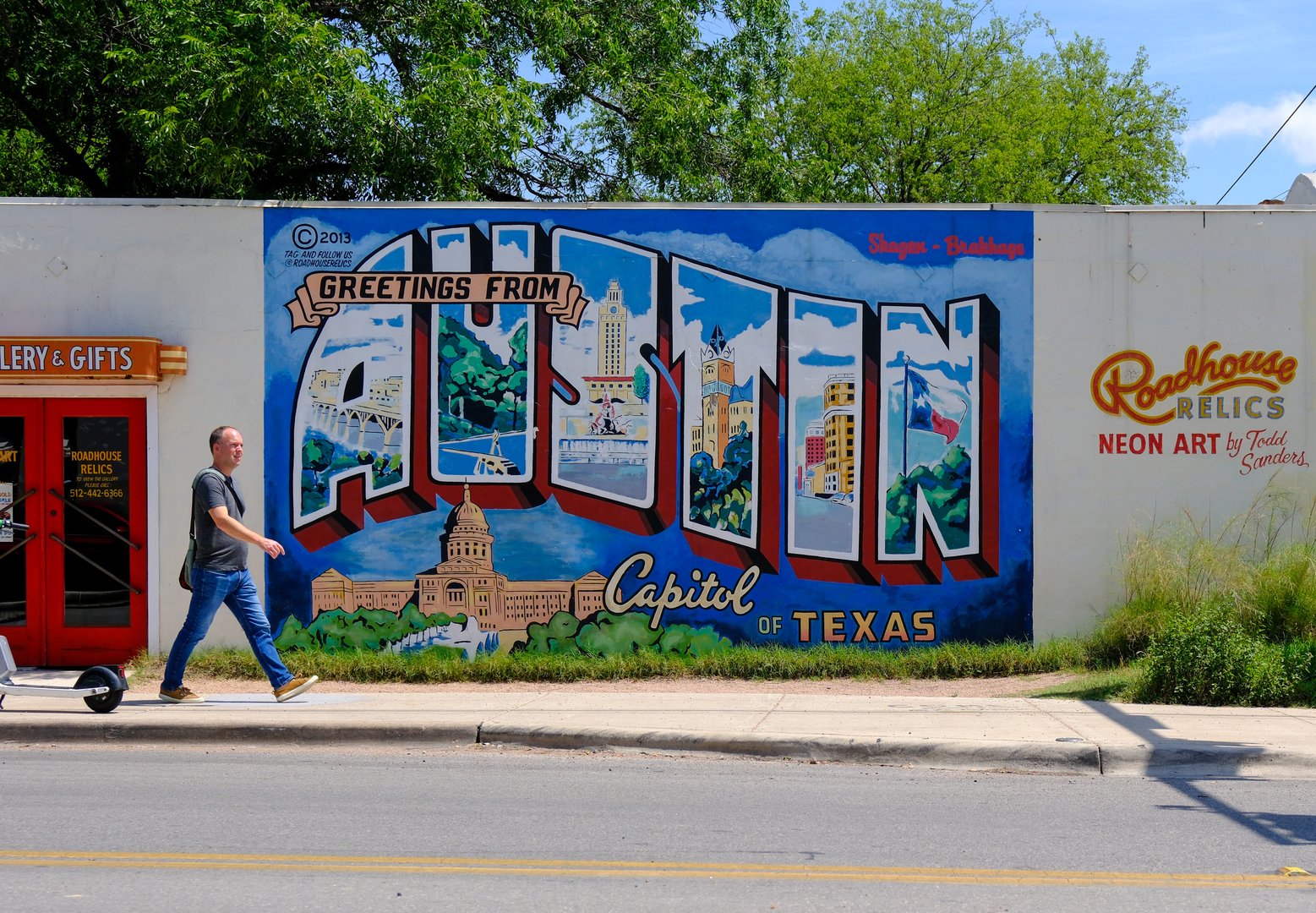 28 MAY 2025 - Austin, TX, USA - The Greetings from Austin postcard mural in South Congress, Austin, TX