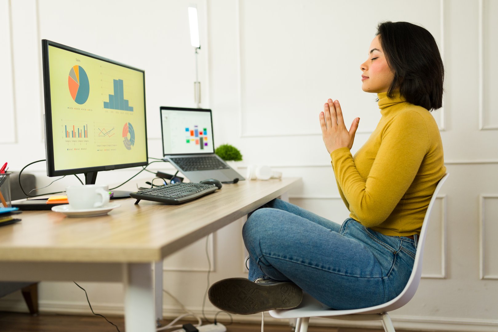 Serene female freelancer practicing mindfulness, meditating at her home office desk with computer and graphs, finding work-life balance