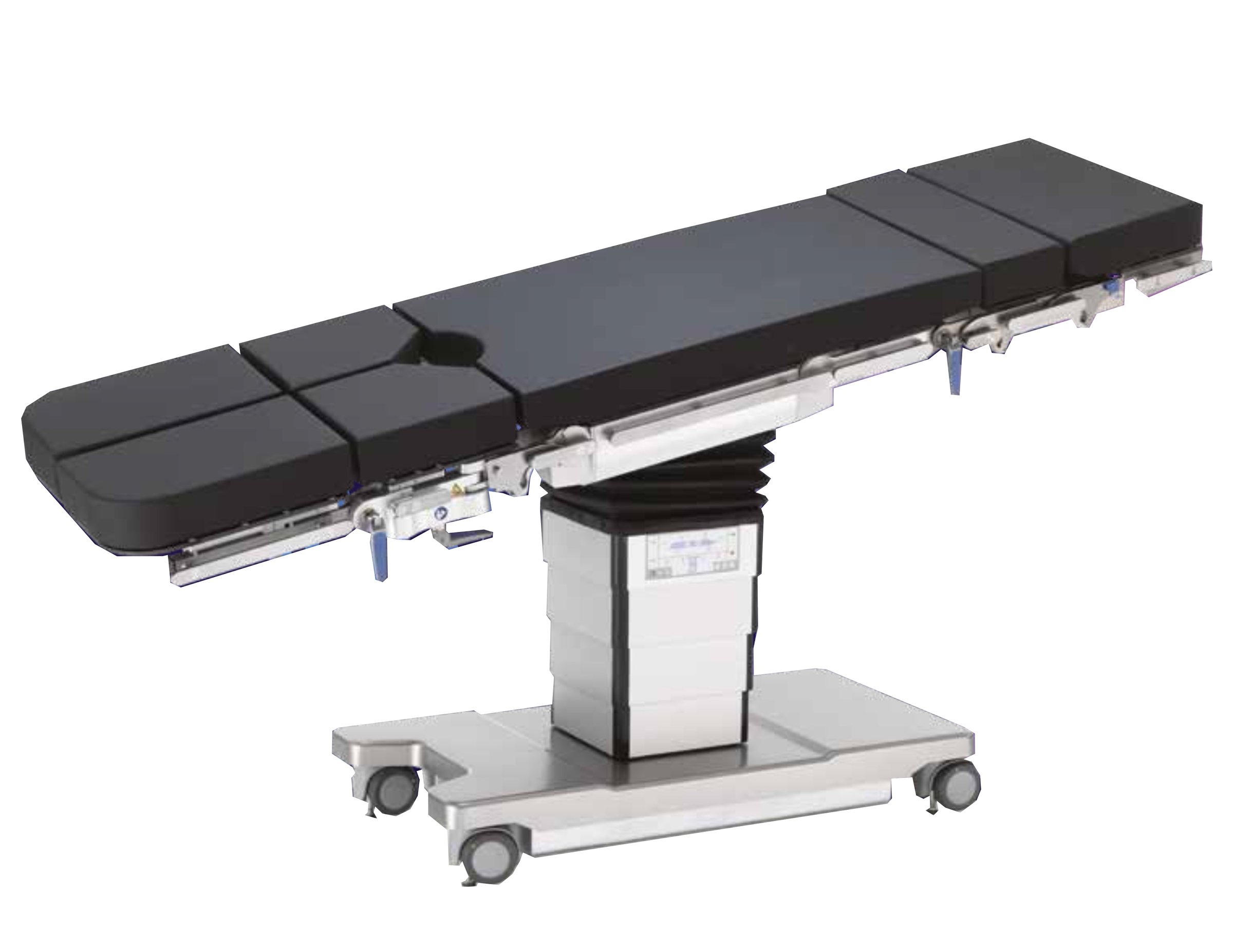 An adjustable surgical operating table with a padded surface and a metallic base on wheels for mobility.
