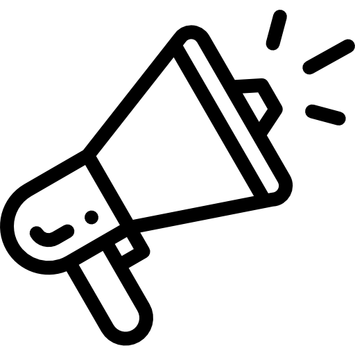 Outline icon of a megaphone with sound lines, symbolizing communication or announcement.