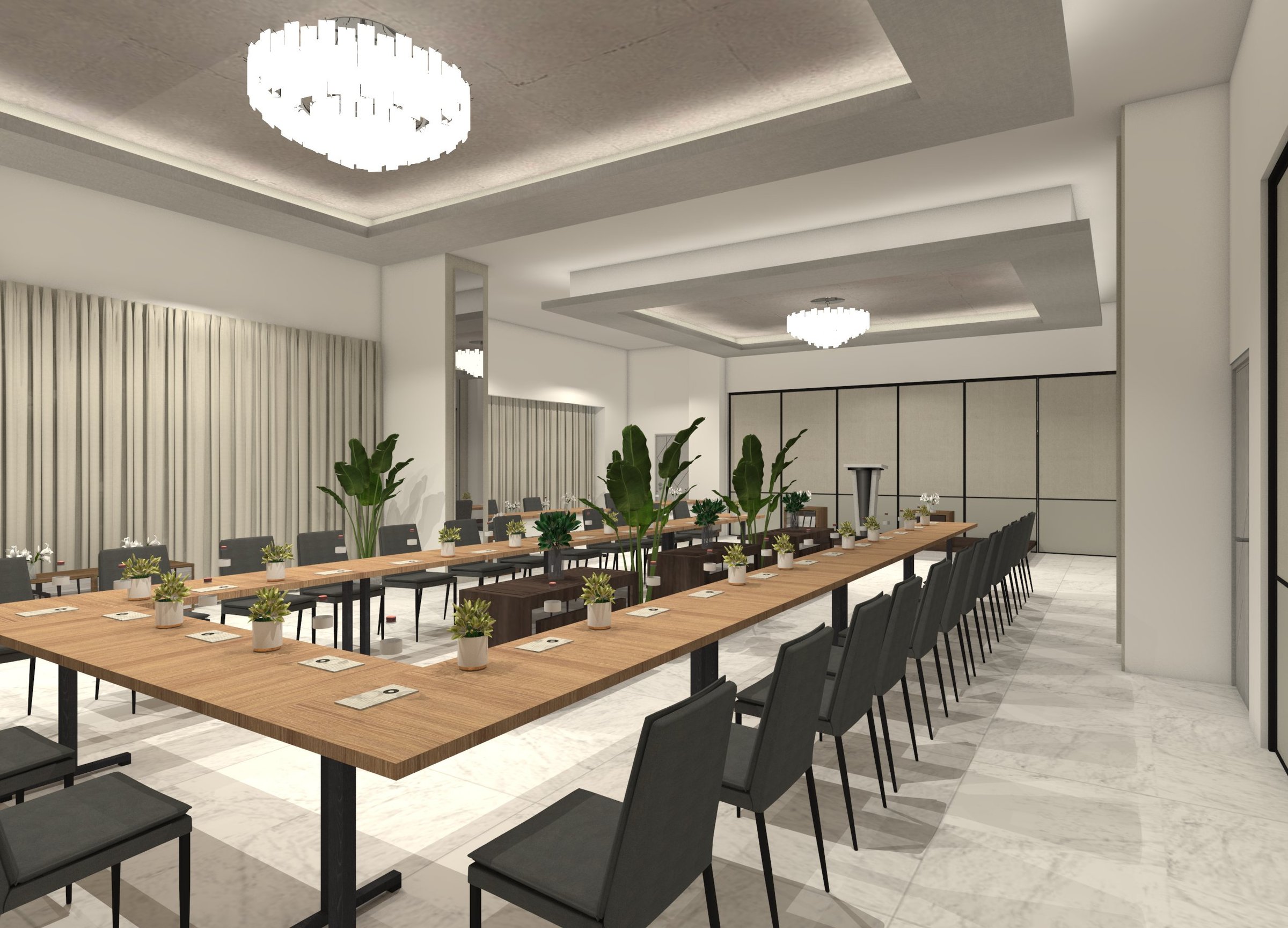 Modern 3D hotel meeting room interior showcasing a wood conference table. Includes minimalist decorative wall paneling, diverse ceiling features, and lighting fixtures.