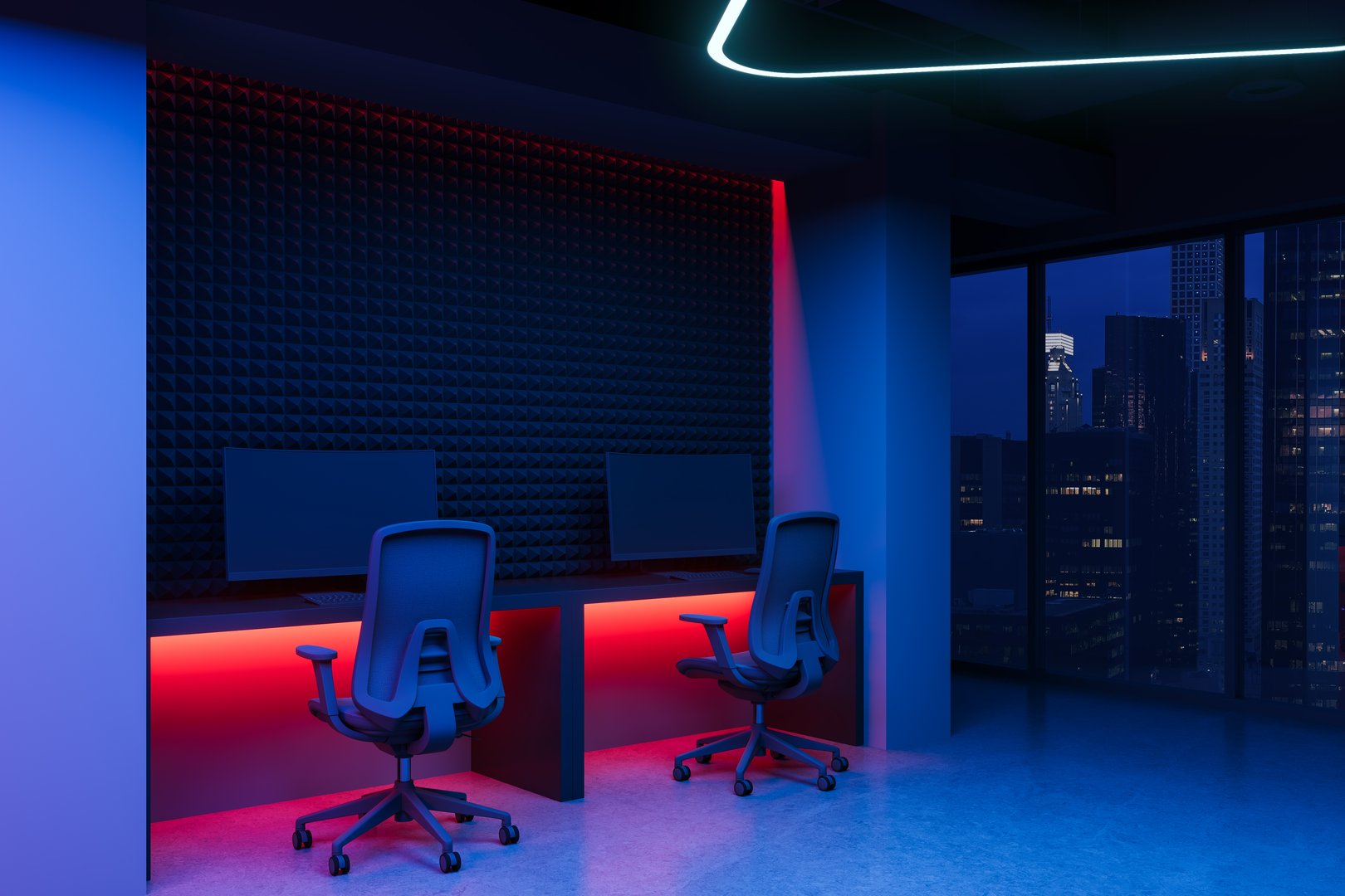 Modern office interior with two ergonomic chairs and monitors under red and blue ambient lighting, futuristic workspace concept, 3D Rendering