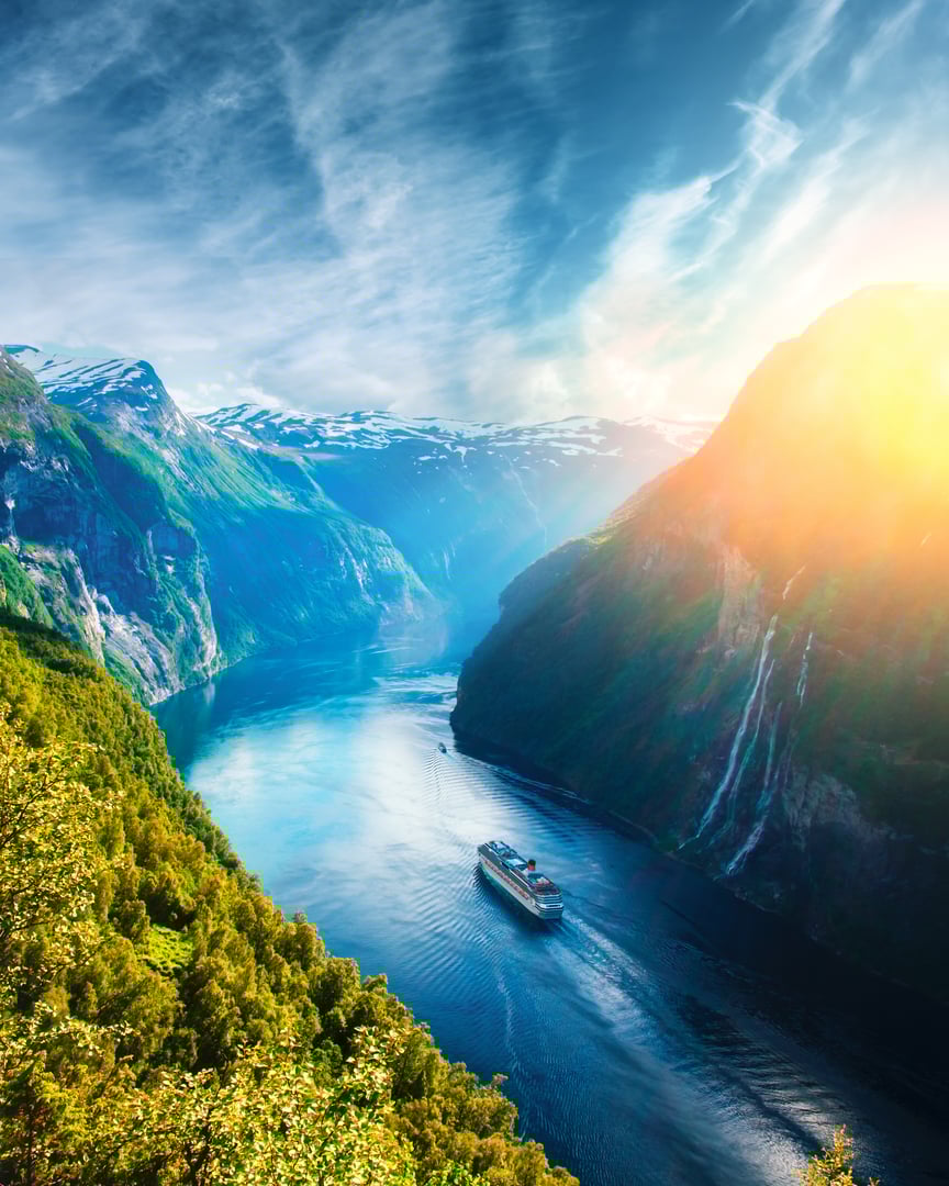 Breathtaking view of Sunnylvsfjorden fjord and famous Seven Sisters waterfalls, near Geiranger village in western Norway.