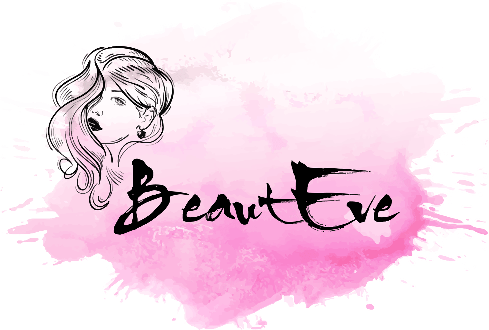 Illustration of a womans face with flowing hair, next to the text BeautEve on a pink watercolor background.