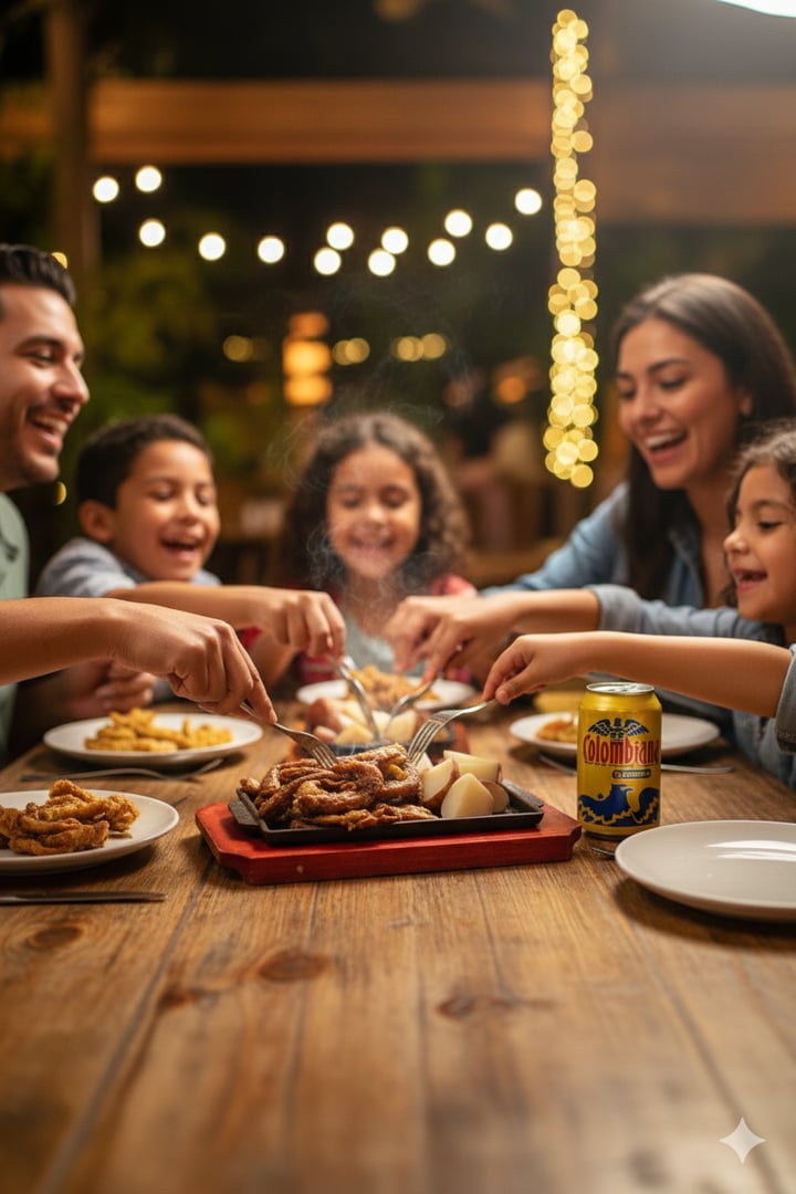 Familia compartiendo chunchulla tradicional colombiana en ambiente acogedor del restaurante