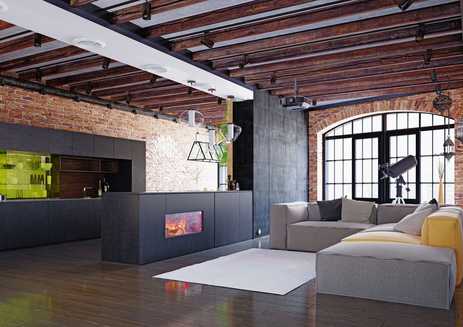 Interior of modern loft living room with brick walls and wooden floor. 3d rendering