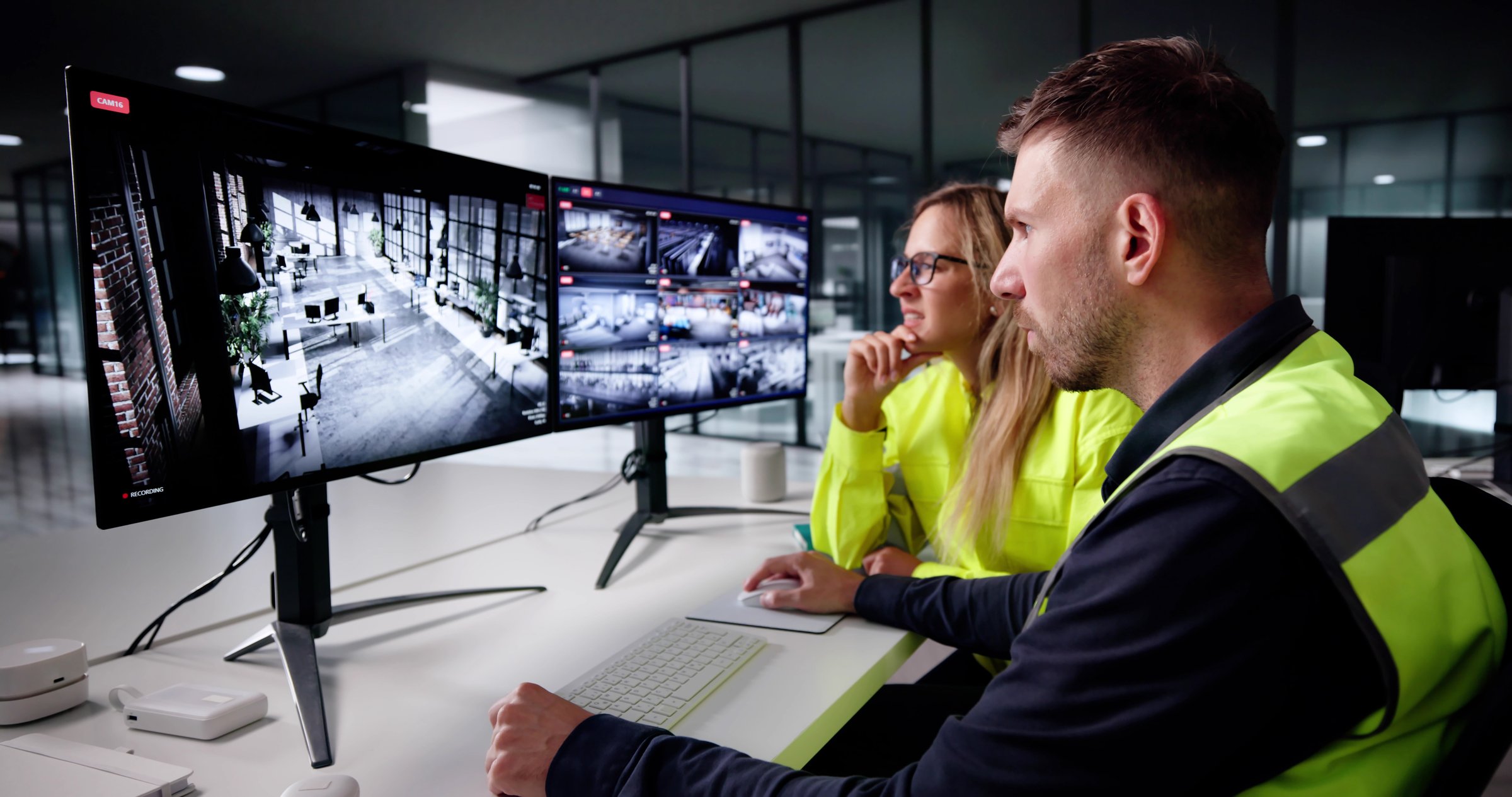 Busy Surveillance Operators Review CCTV Security Camera Footage On Screens