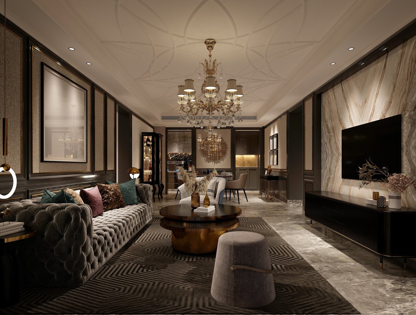 3d render home interior, living room dining room