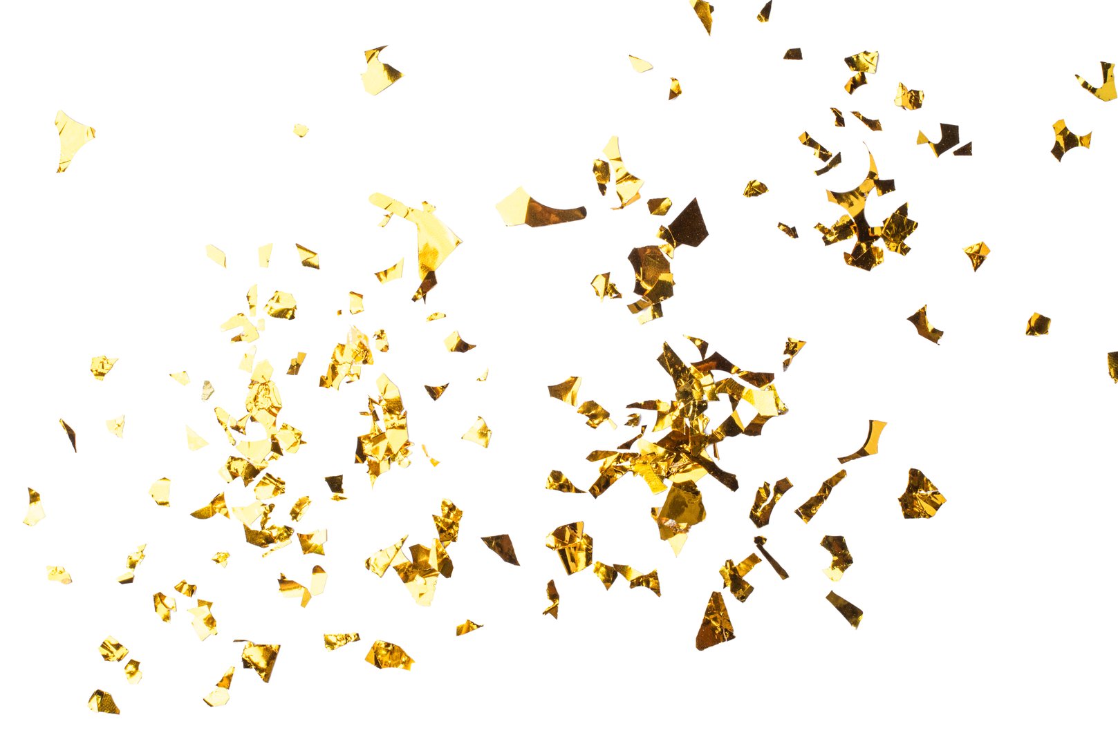 Golden Foil Confetti Scattered on White Background