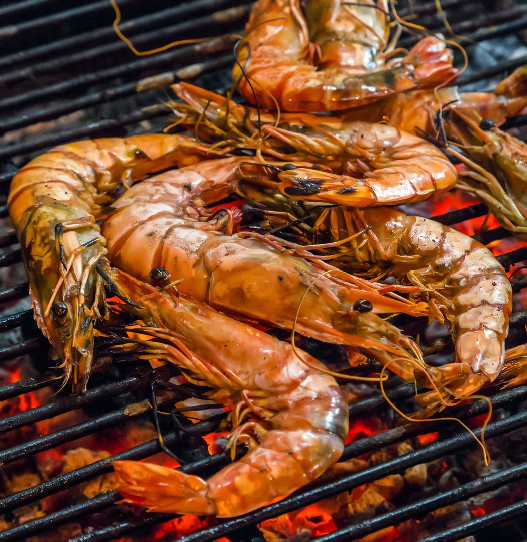 Tiger prawns grilled sea food, shrimps, street food and beach bbq