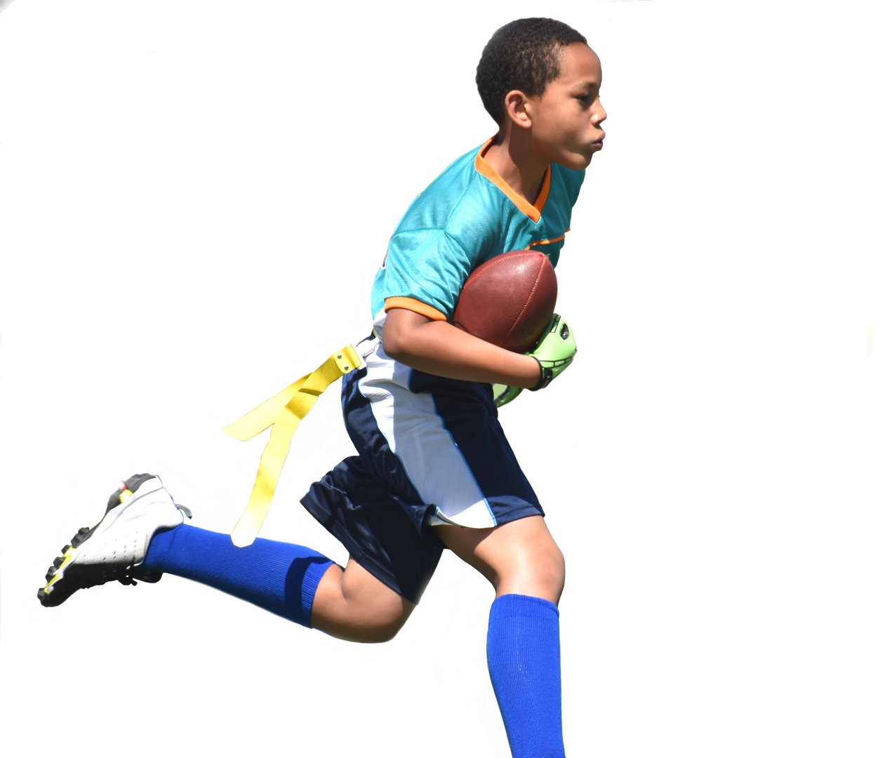 mixed race 10 year old running with a football, white background, summer Downers Grove, Illinois USA