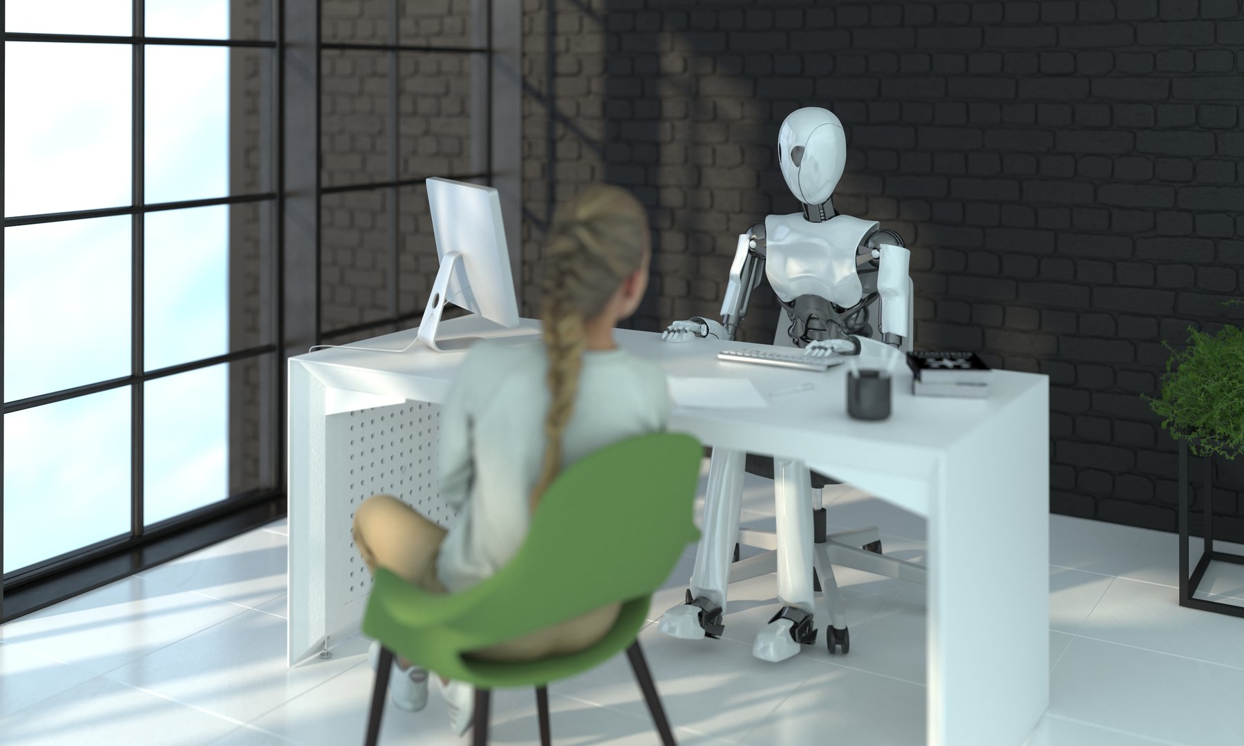 The robot is interviewing a woman in a modern office. Human communication with robotics. Future concept with smart robotics and artificial intelligence. 3D rendering