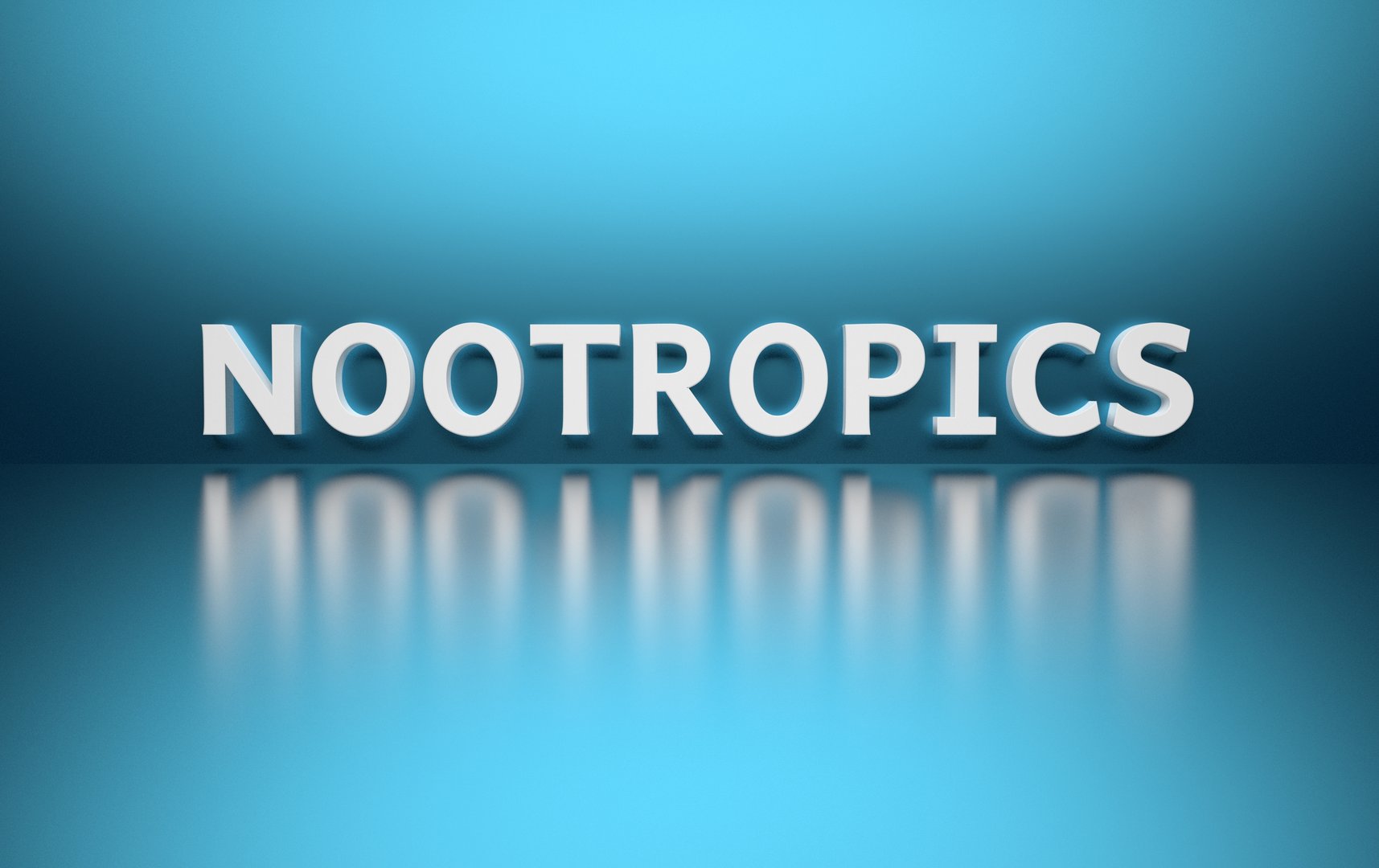Word Nootropics written in bold white letters on blue reflective background. 3d illustration.