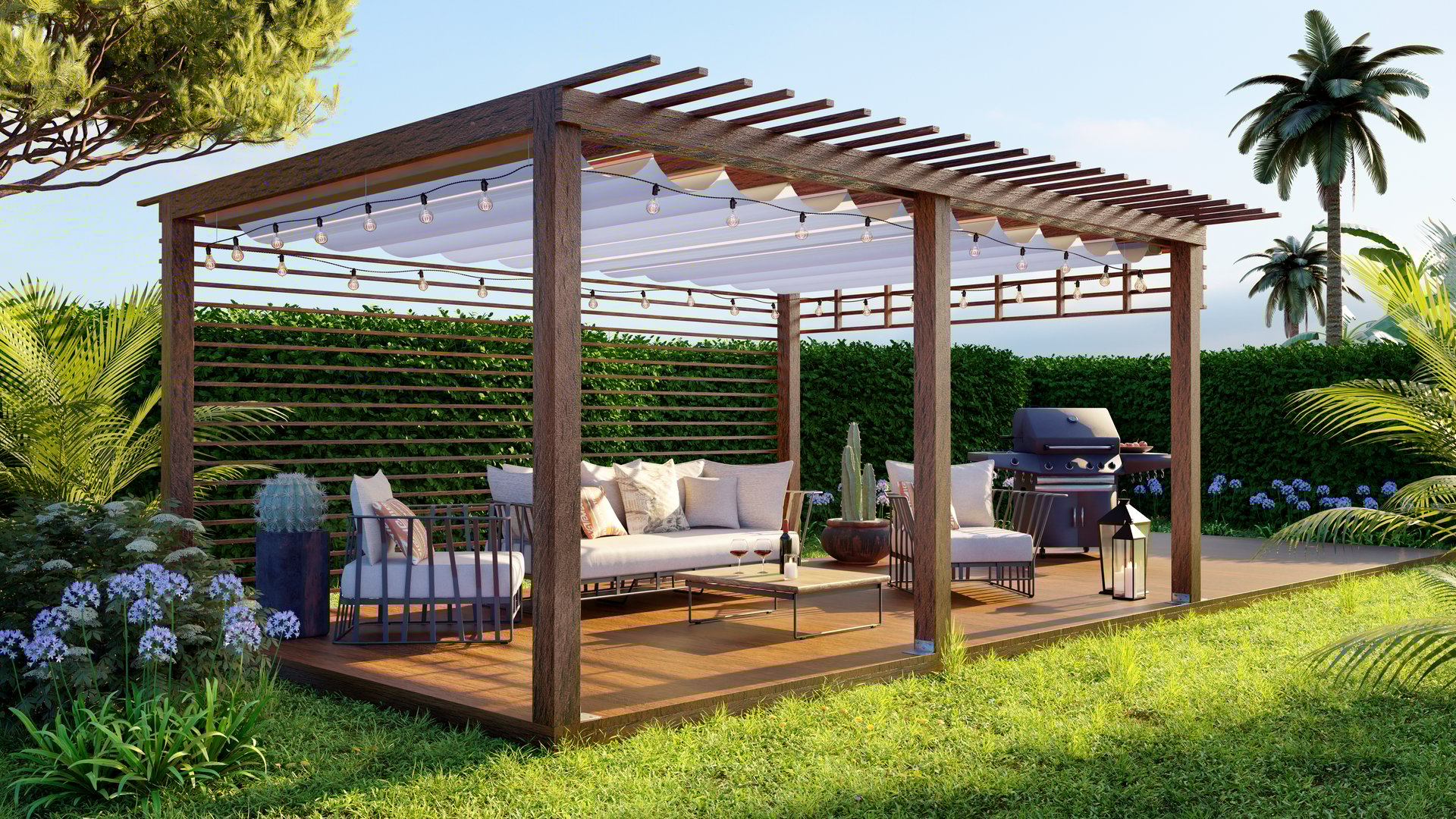 Luxe houten pergola met BBQ en tuinmeubilair in groene tuin - Glas040