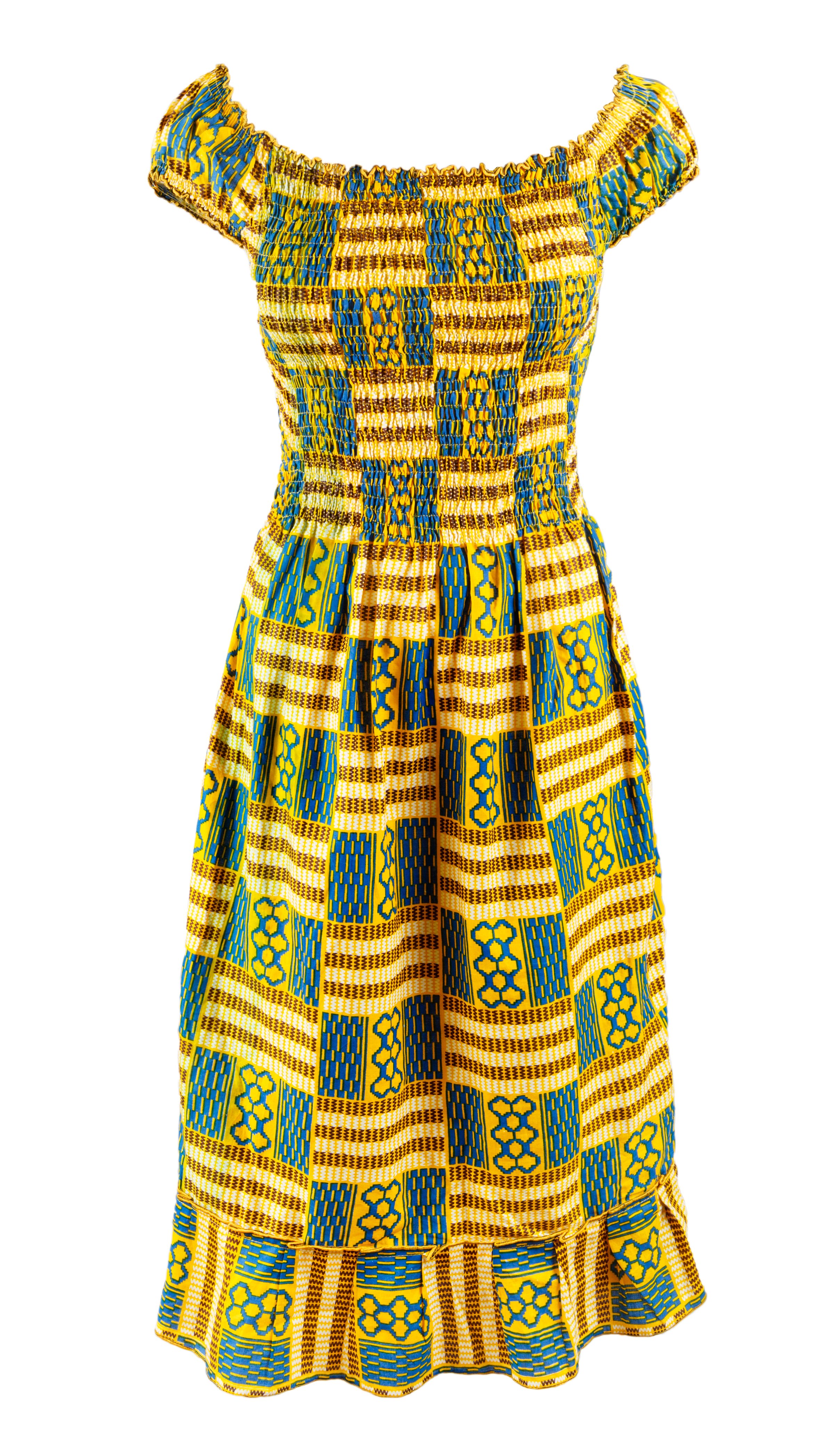 Dress made in Ghana of traditional kente cloth with smocking technique