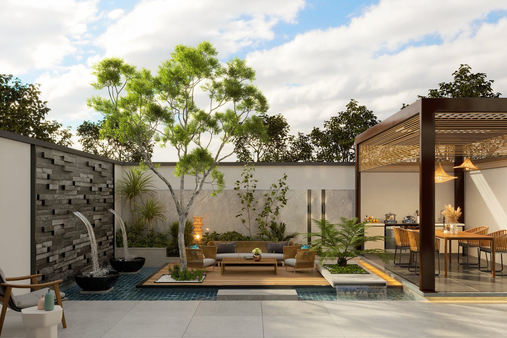 3d modeling and rendering of gazebo, pergola, seating area design A modern beautiful home terrace with pool, wall mockup, plants