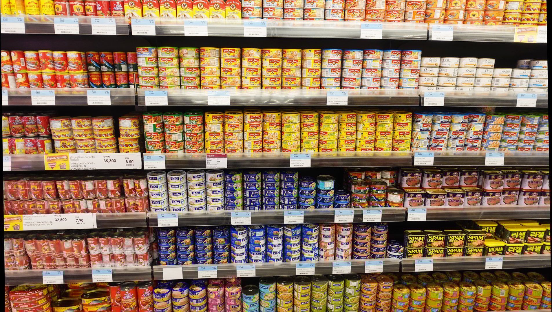 Product shelves in supermarket