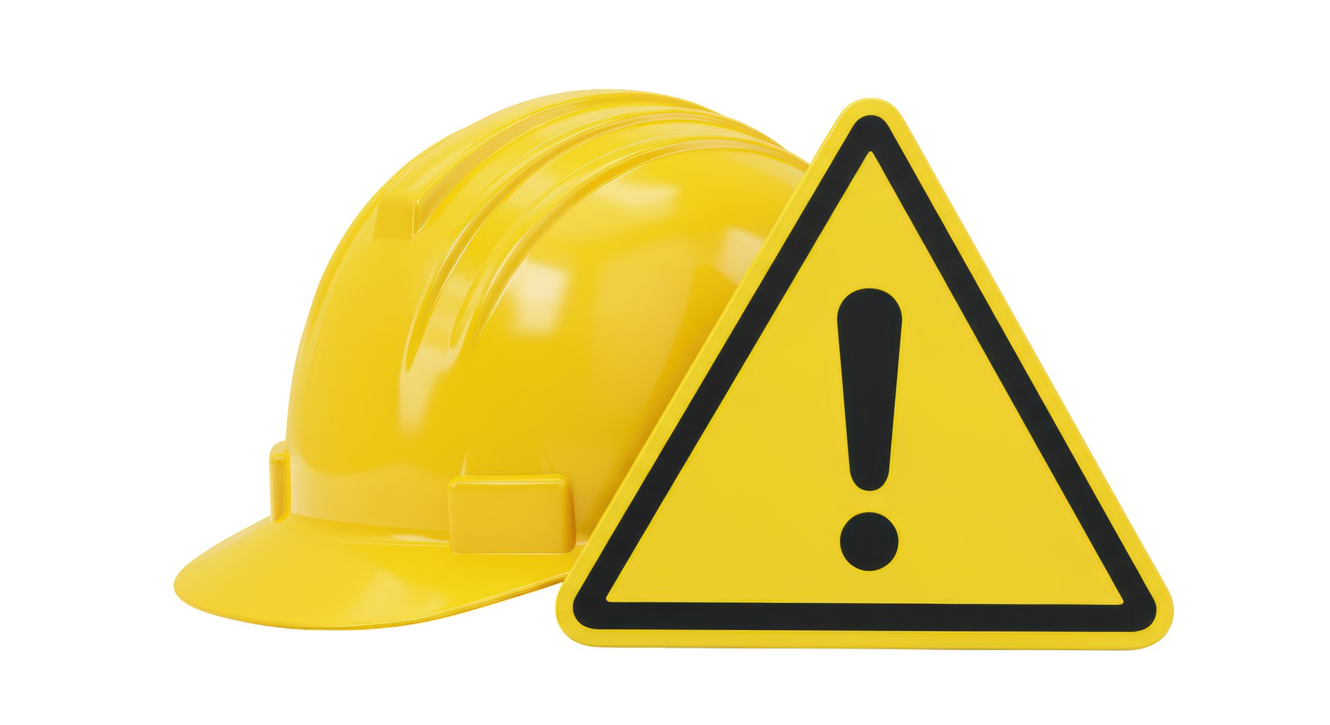 Isolated Yellow Hard Hat Beside Caution Sign