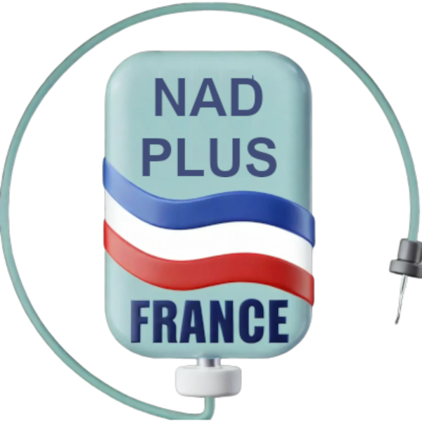 Medical IV bag labeled NAD Plus France with a French flag design and an attached tube.