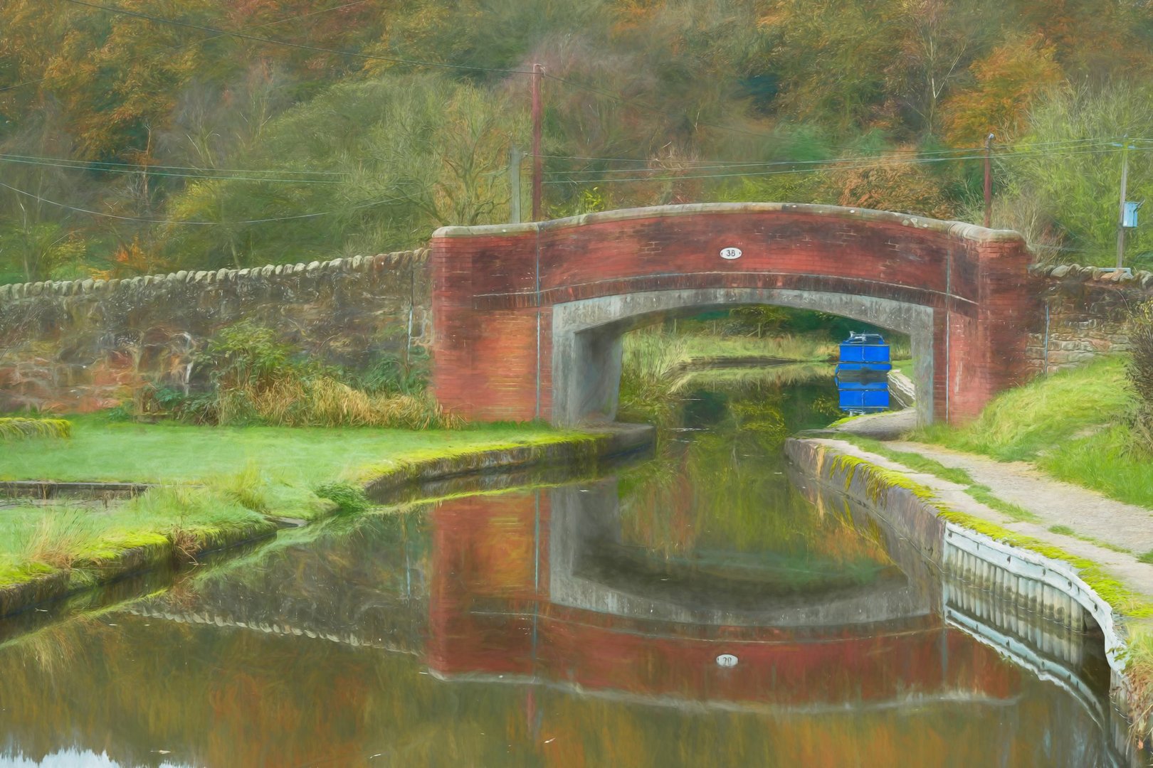 Autumn scenics of bridge 38 on the Caldon canal inland waterway, Denford, England, UK.