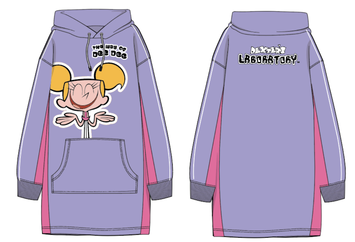 Purple hooded dress with cartoon character Dee Dee and text "The Way of Dee Dee" on front; "Dexter's Laboratory" on back.