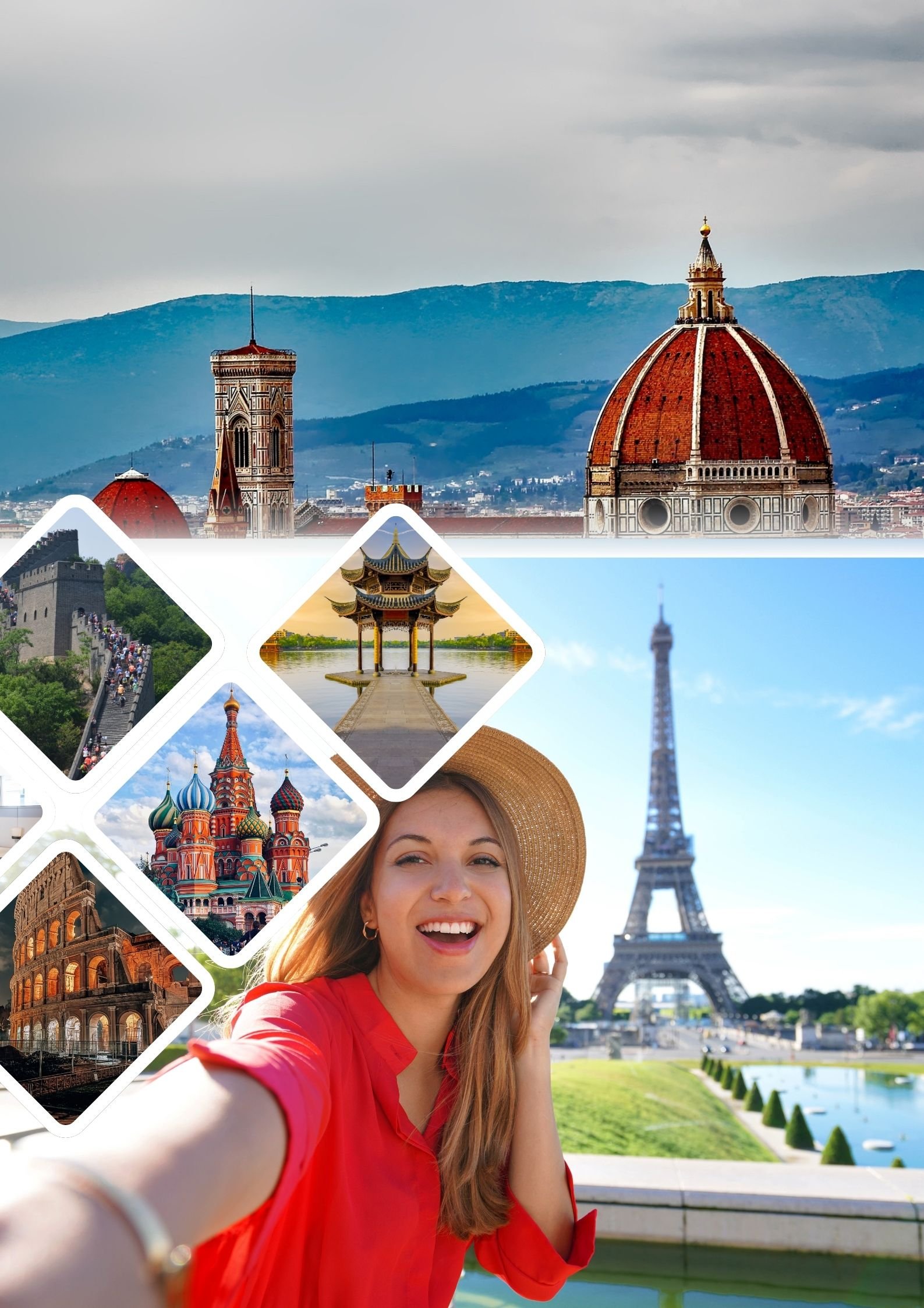 Collage of famous landmarks: Florence, Great Wall, St. Basil's, Eiffel Tower; woman taking a selfie in Paris.