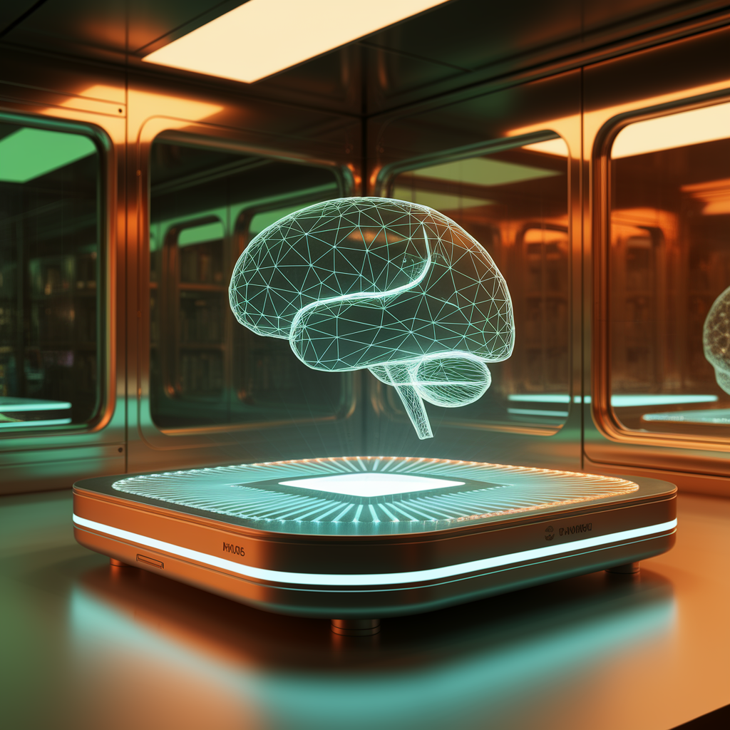 Futuristic holographic brain projection in a high-tech room with glowing orange and green lighting.